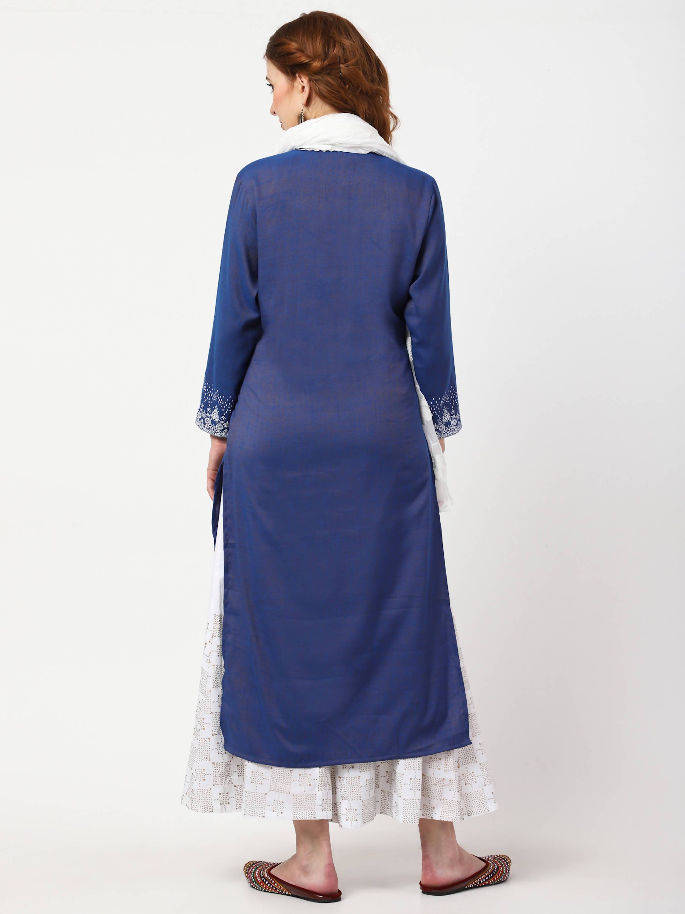 Women's Blue & White Rayon Cotton Kurta With Palazzo & Embroidered Dupatta Set - Cheera