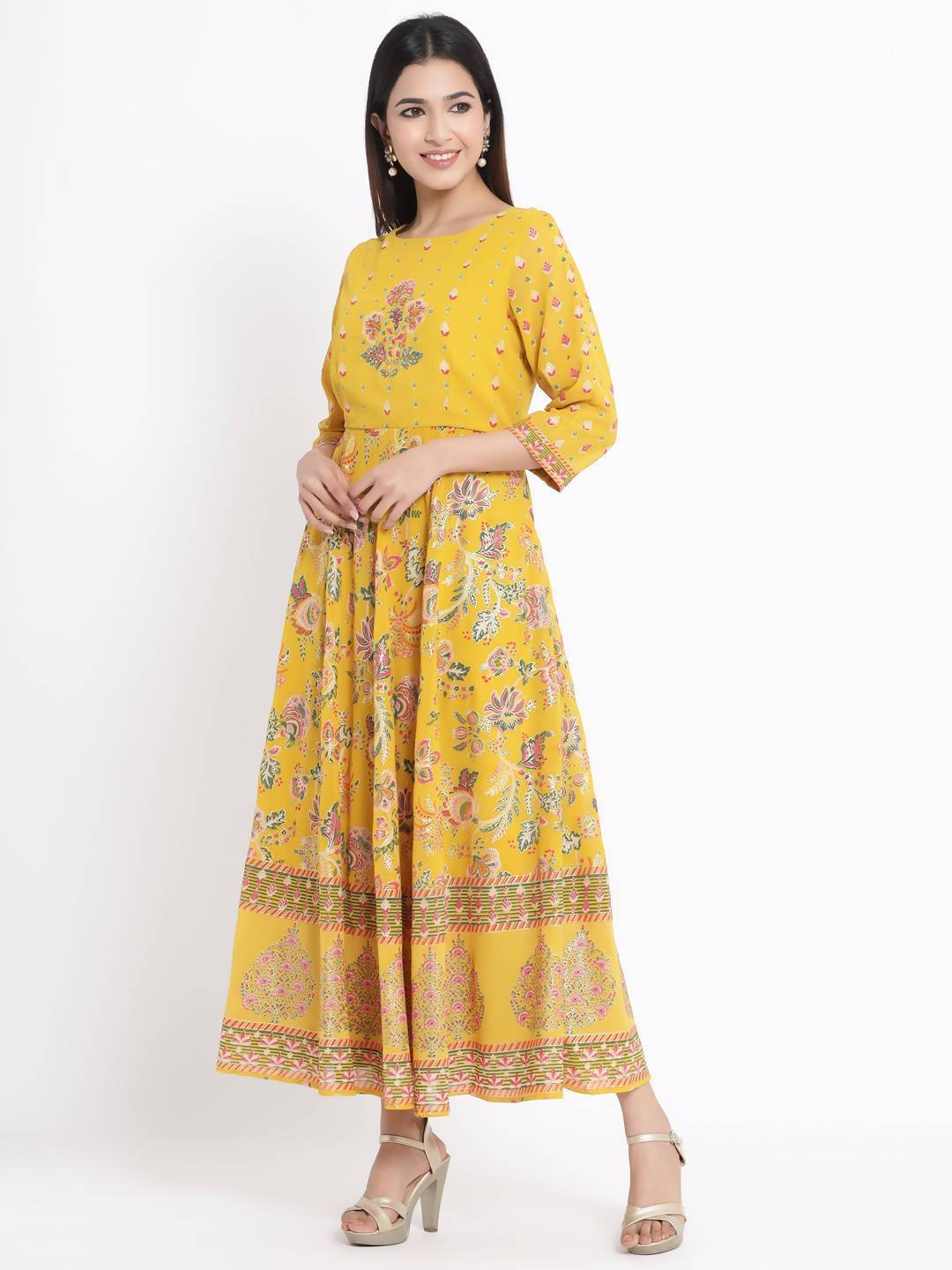 Buy_Women's_Mustard_Georgette_Printed_Flared_Dress_With_Hair-Band_Online_Trendia
