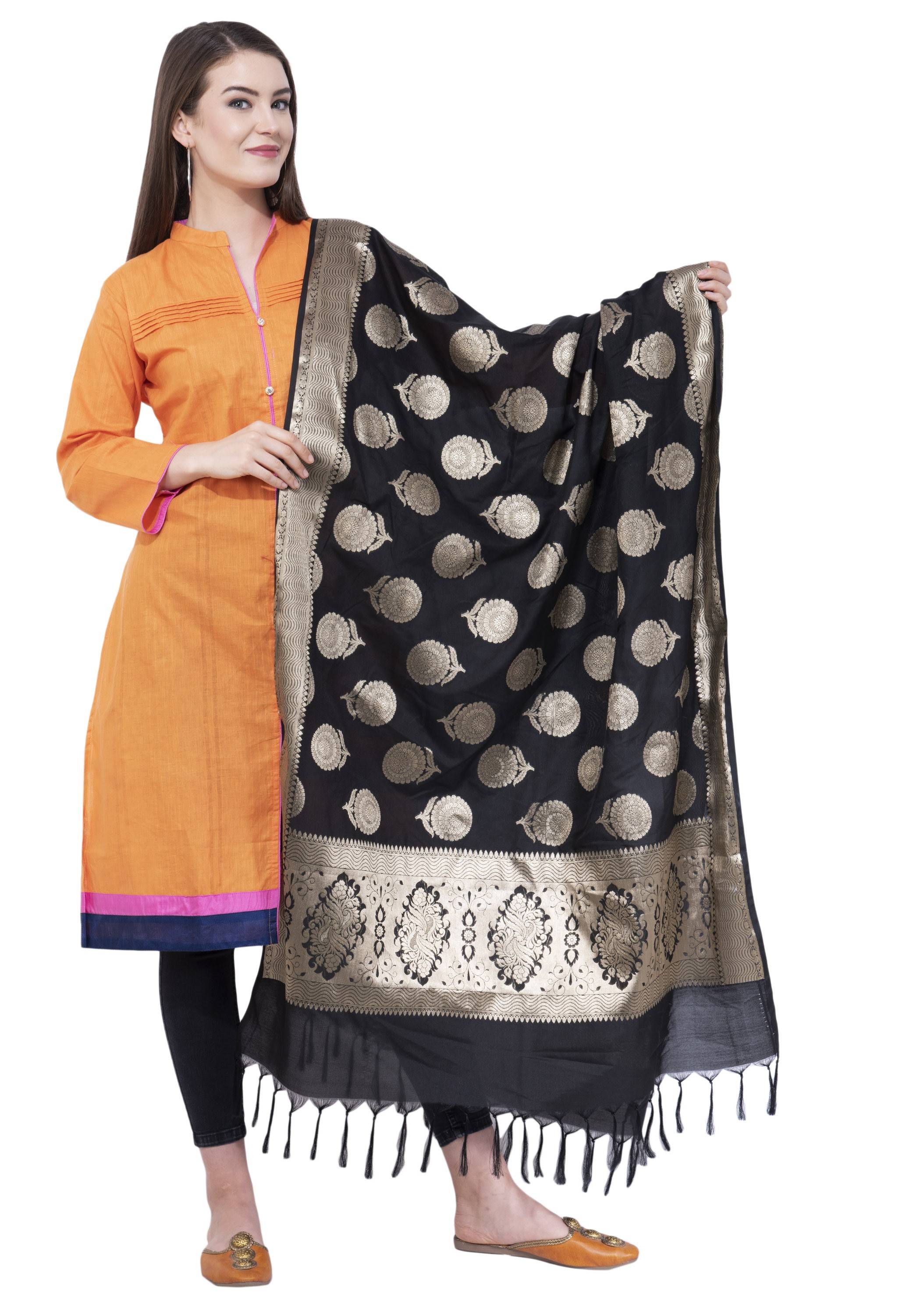 A R Silk Women's Zari Embroidery Vanarsi Silk Black Dupattas and Chunnis