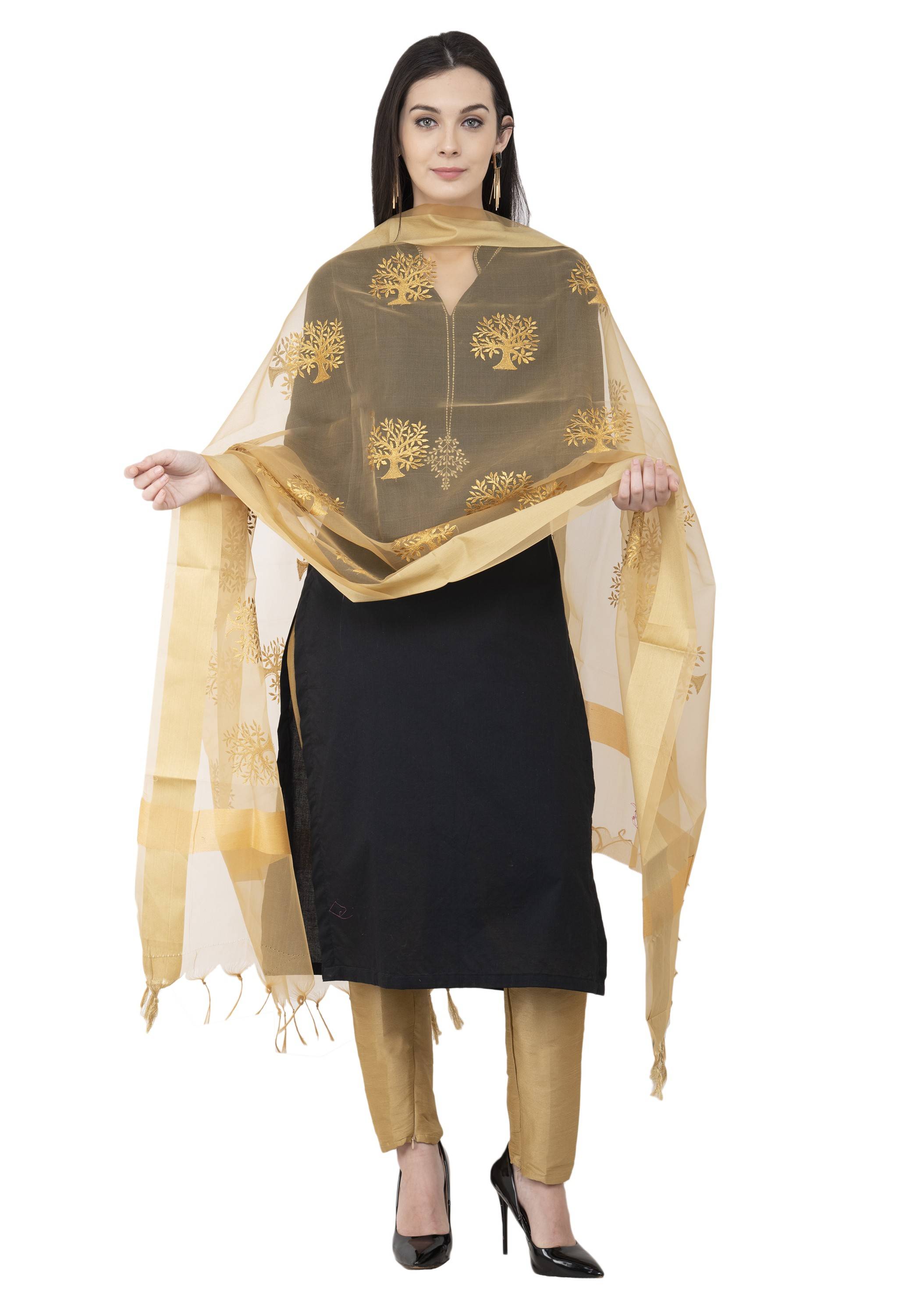 A R SILK Tissue Zari Embroidery Golden Zari Embroidery Golden Color Dupatta or Chunni