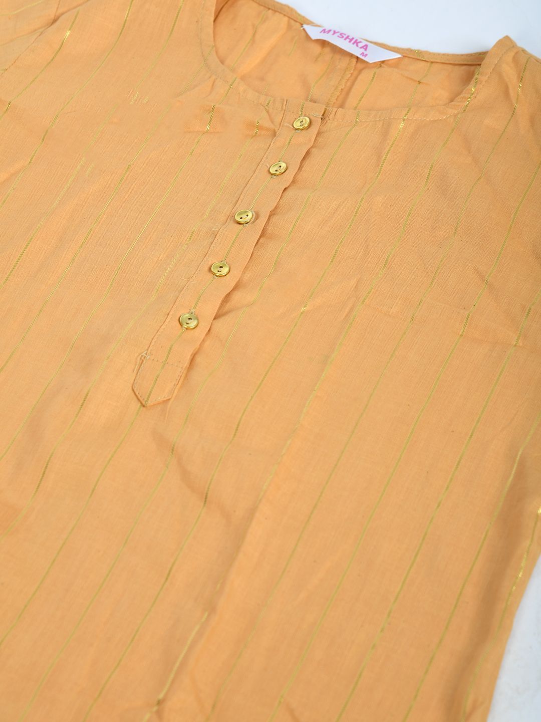 Women's Mustrd Polyester Solid 3/4 Sleeve Round Neck Casual Kurta Pant Dupatta Set - Myshka
