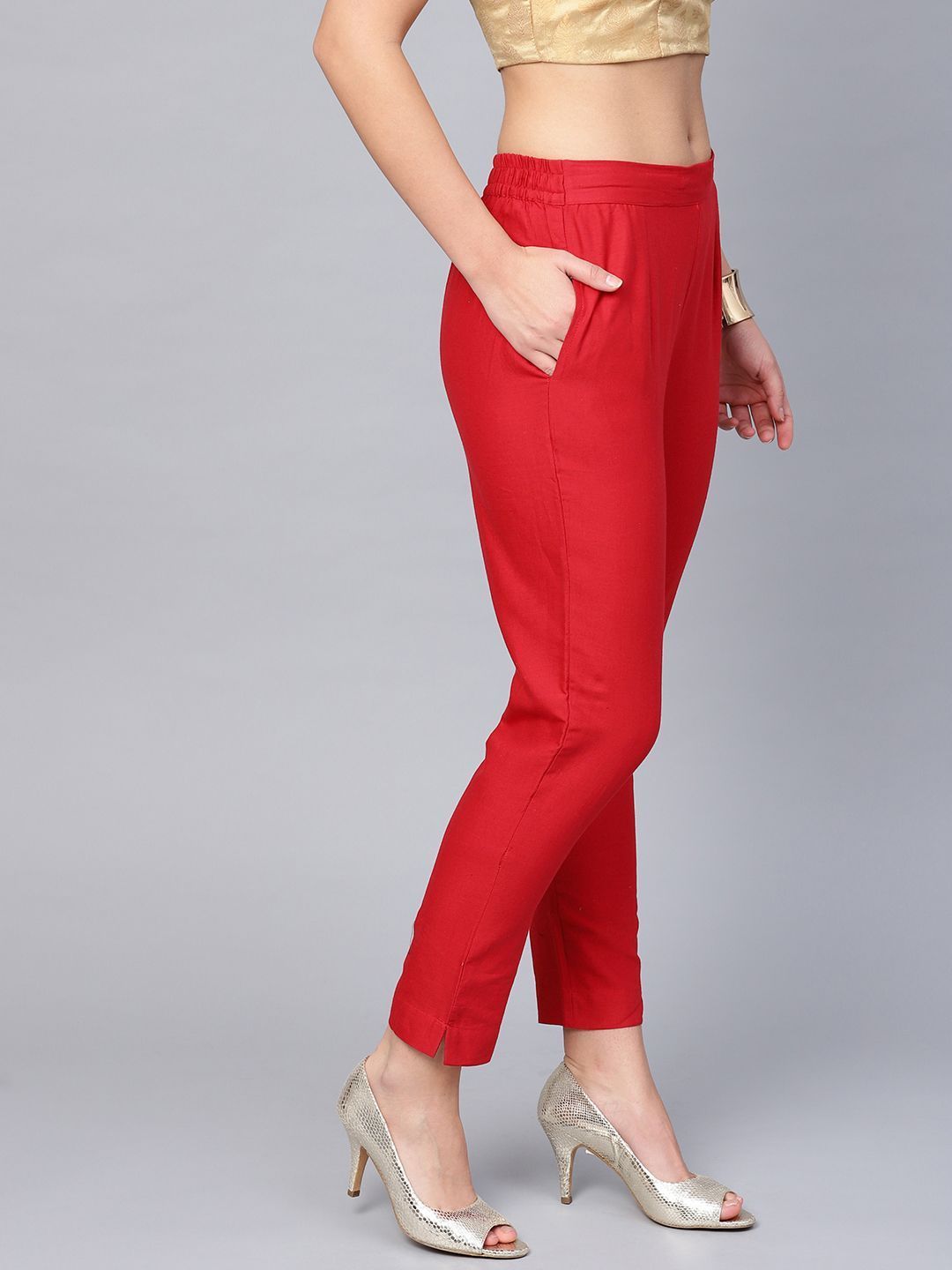 Dollar Missy Women Pack of 1 Straight Fit Solid Cigarette Trousers- Red –  Dollarshoppe