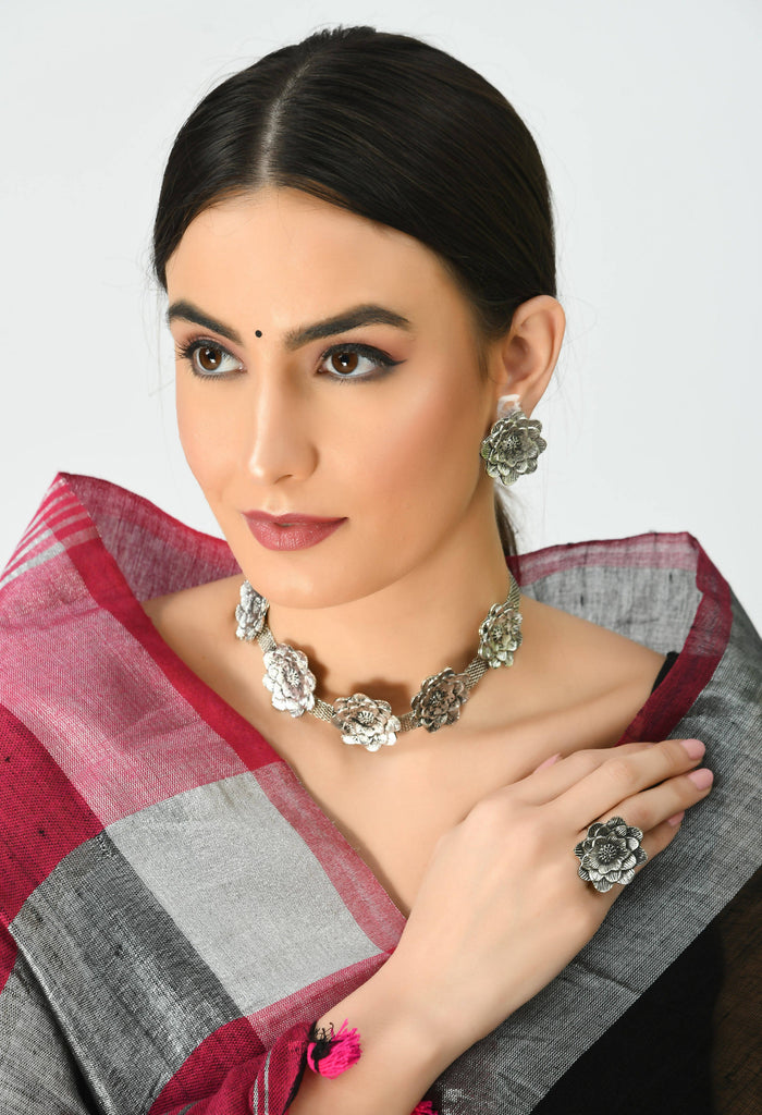 Johar Kamal German Silver Oxidised Choker Set Rose D