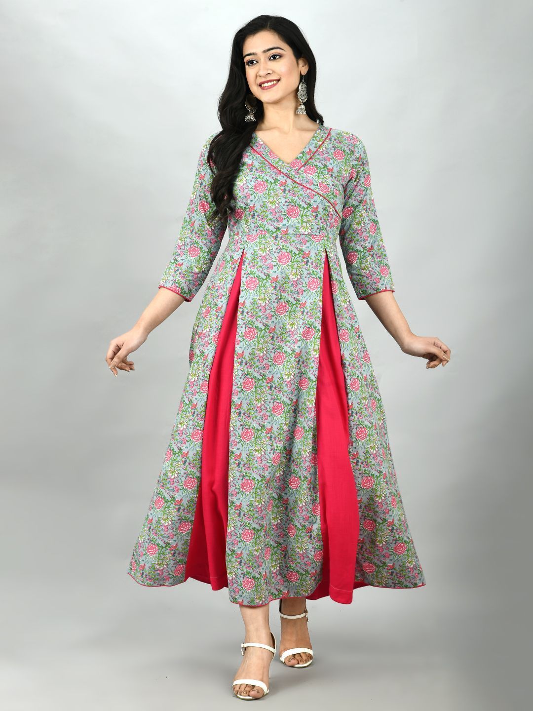 Women's Multi Cotton Printed 3/4 Sleeve V Neck Casual Dress - Myshka