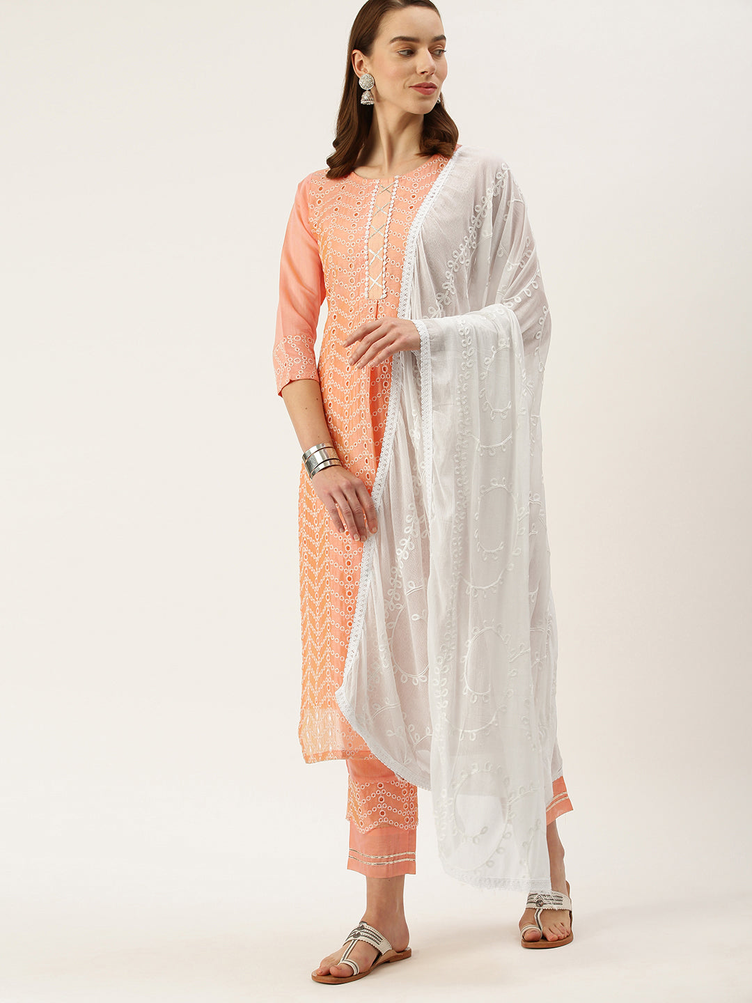 Women's Peach Color Chanderi Silk Straight Embroidered Kurta Pant With Dupatta - VAABA