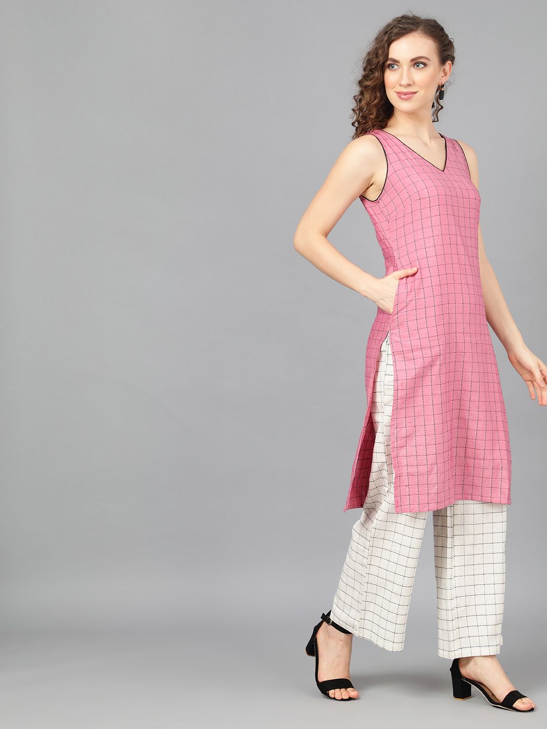 Women's Pink Woven Design Kurta With White Palazzo - AKS