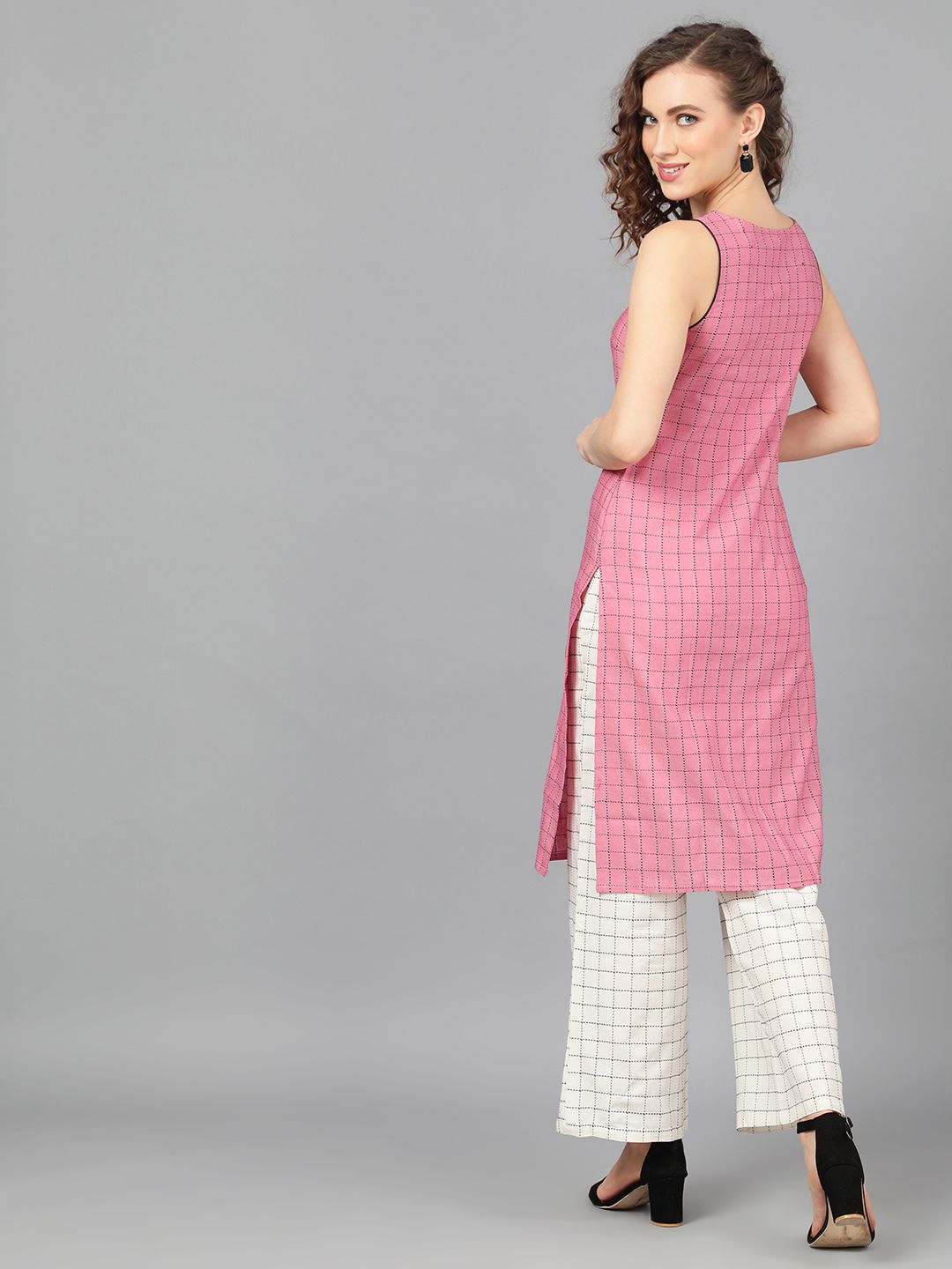 Women's Pink Woven Design Kurta With White Palazzo - AKS