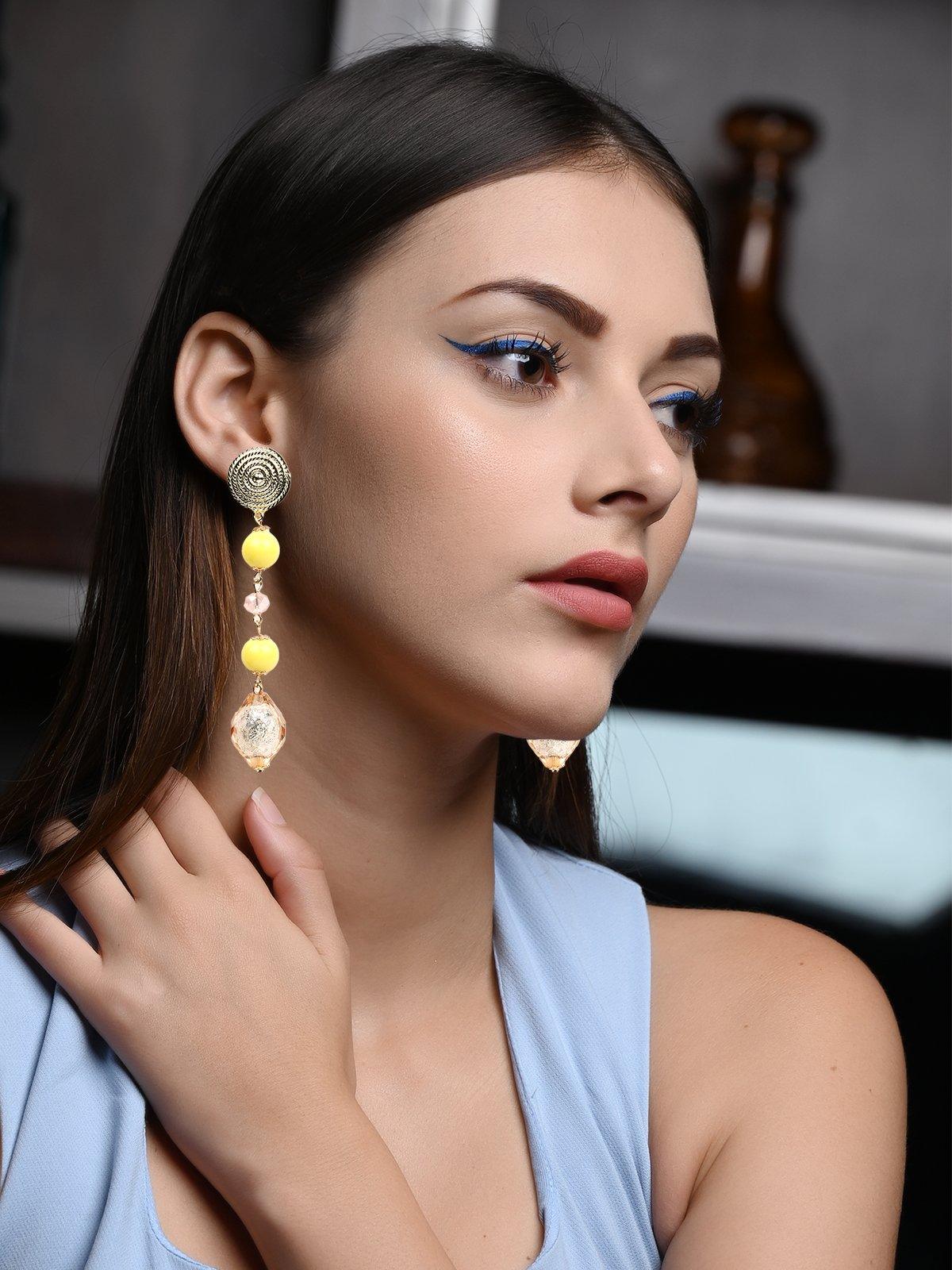 Women's Yellow And Gold Hue Beaded Drop Long Earrings - Odette