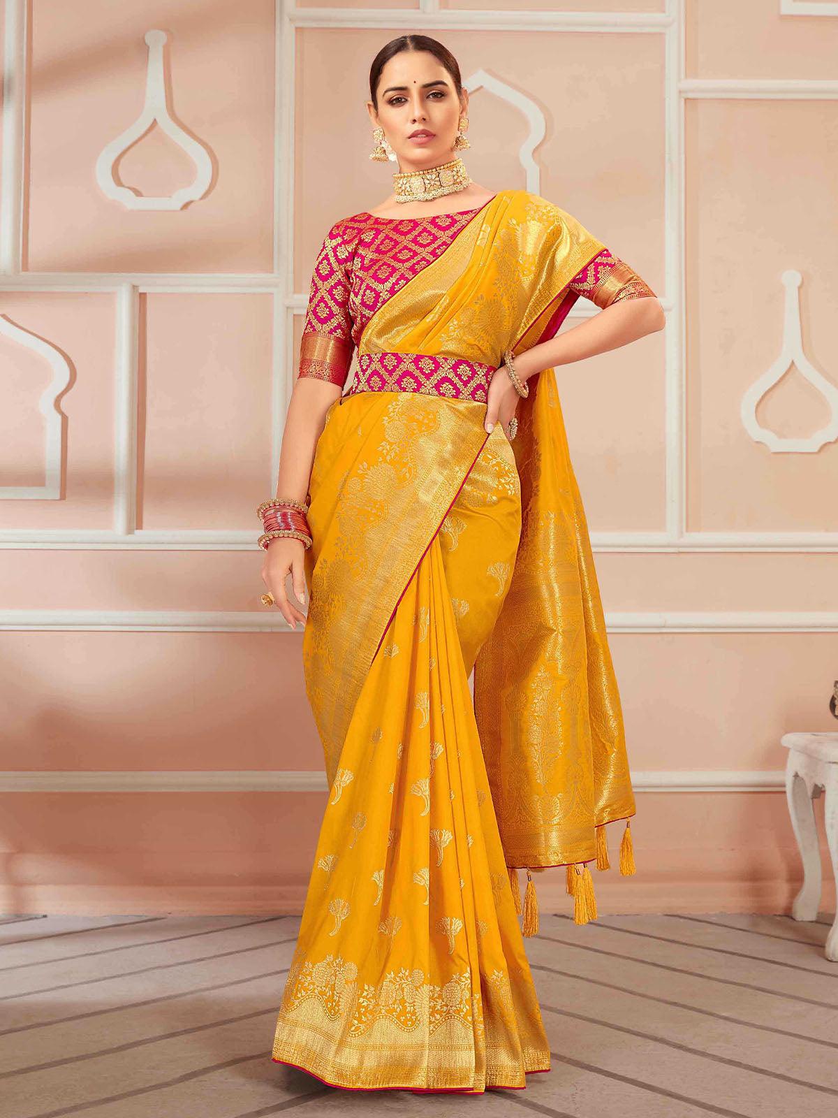 Women's Yellow Banarasi Silk Wevon Heavy Jari Designer Saree - Odette