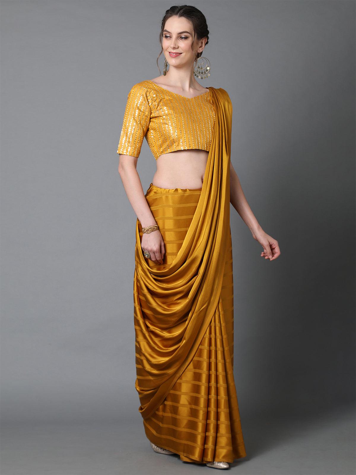 Women's Yellow Casual Georgette And Satin Solid Saree With Unstitched Blouse - Odette