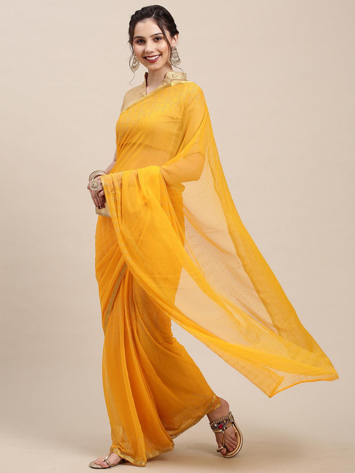 Women's Yellow Chiffon Woven Border Saree With Unstitched Blouse - Odette