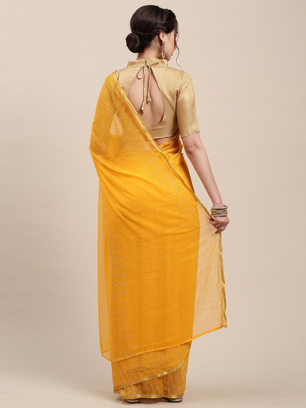 Women's Yellow Chiffon Woven Border Saree With Unstitched Blouse - Odette