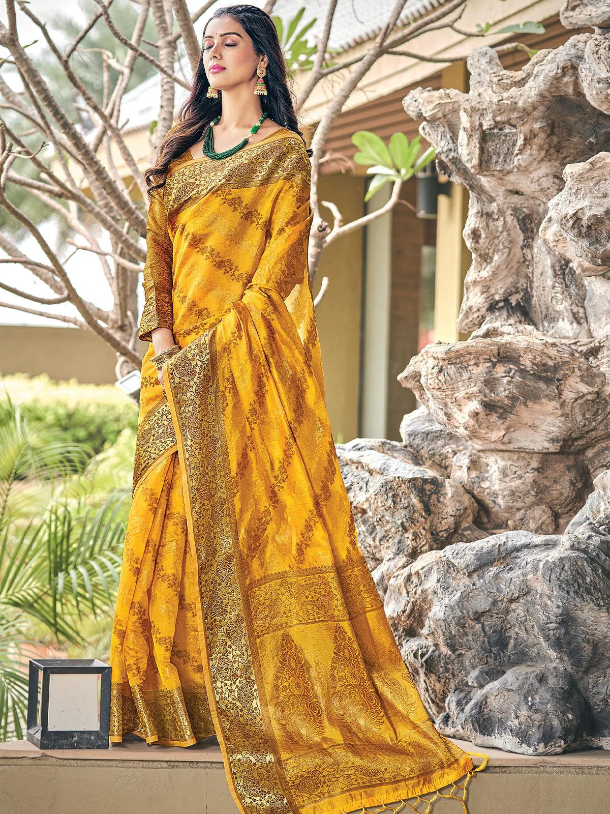 Women's Yellow Color Organza Saree With Blouse - Odette