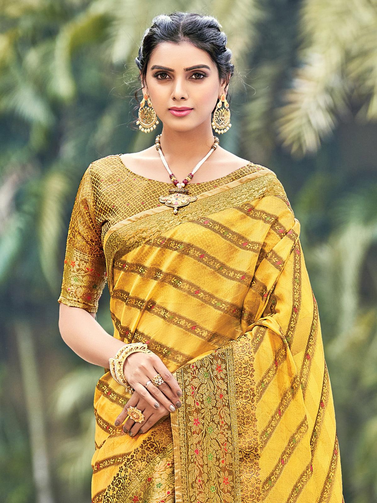 Women's Yellow Color Organza Saree With Blouse - Odette