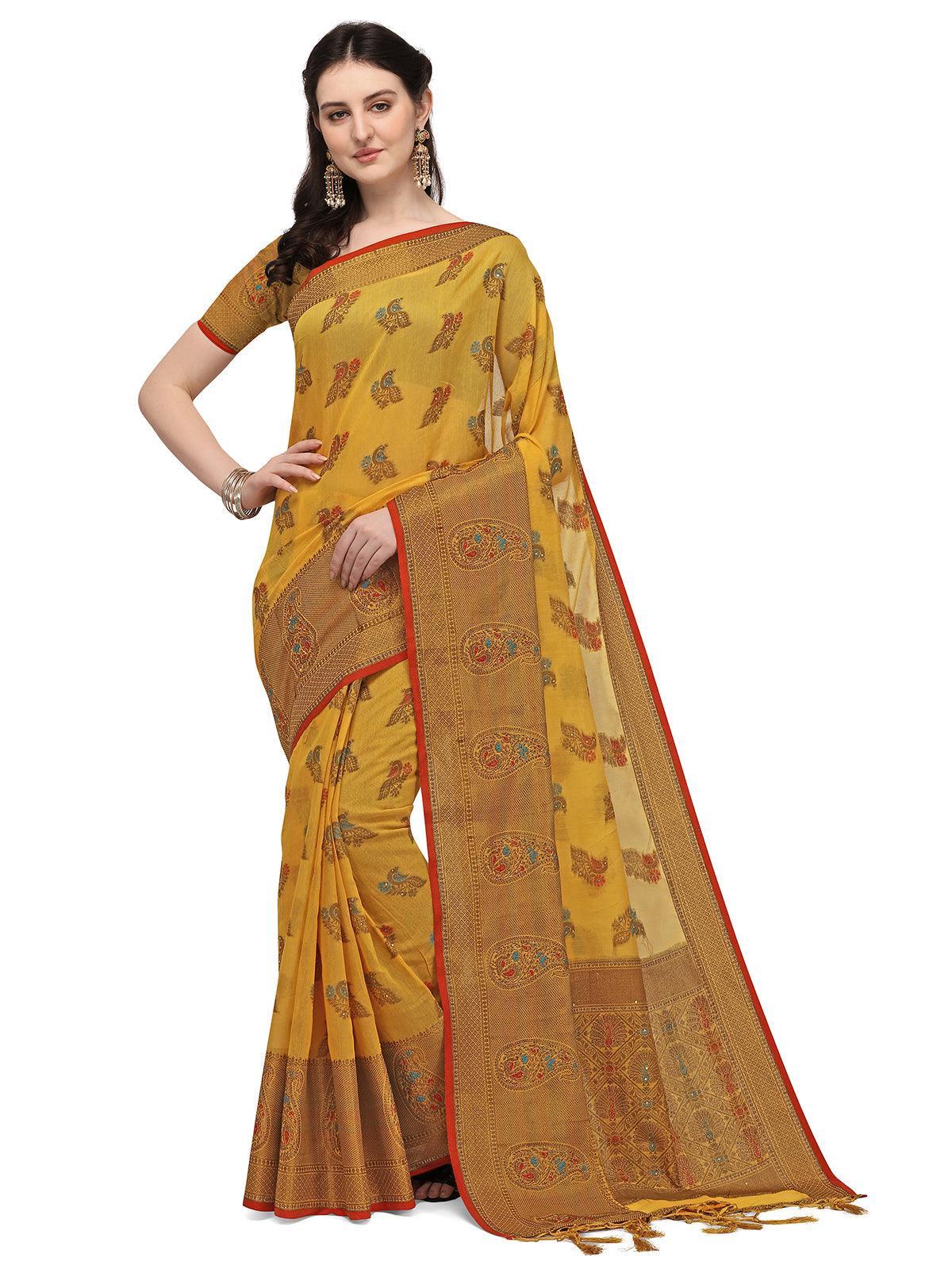 Women's Yellow Colour Banarasi Silk Madhubani Work Saree - Odette
