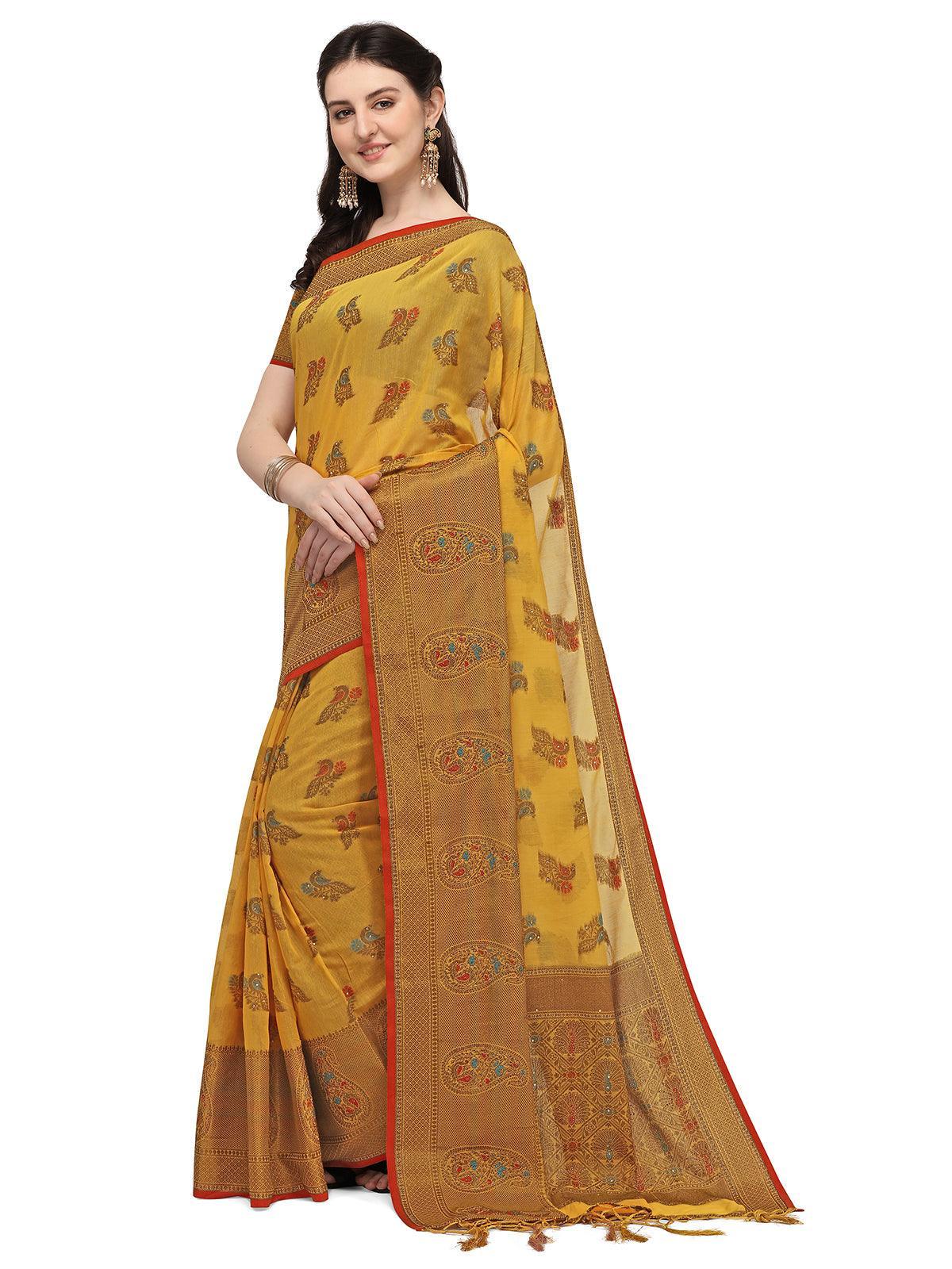 Women's Yellow Colour Banarasi Silk Madhubani Work Saree - Odette