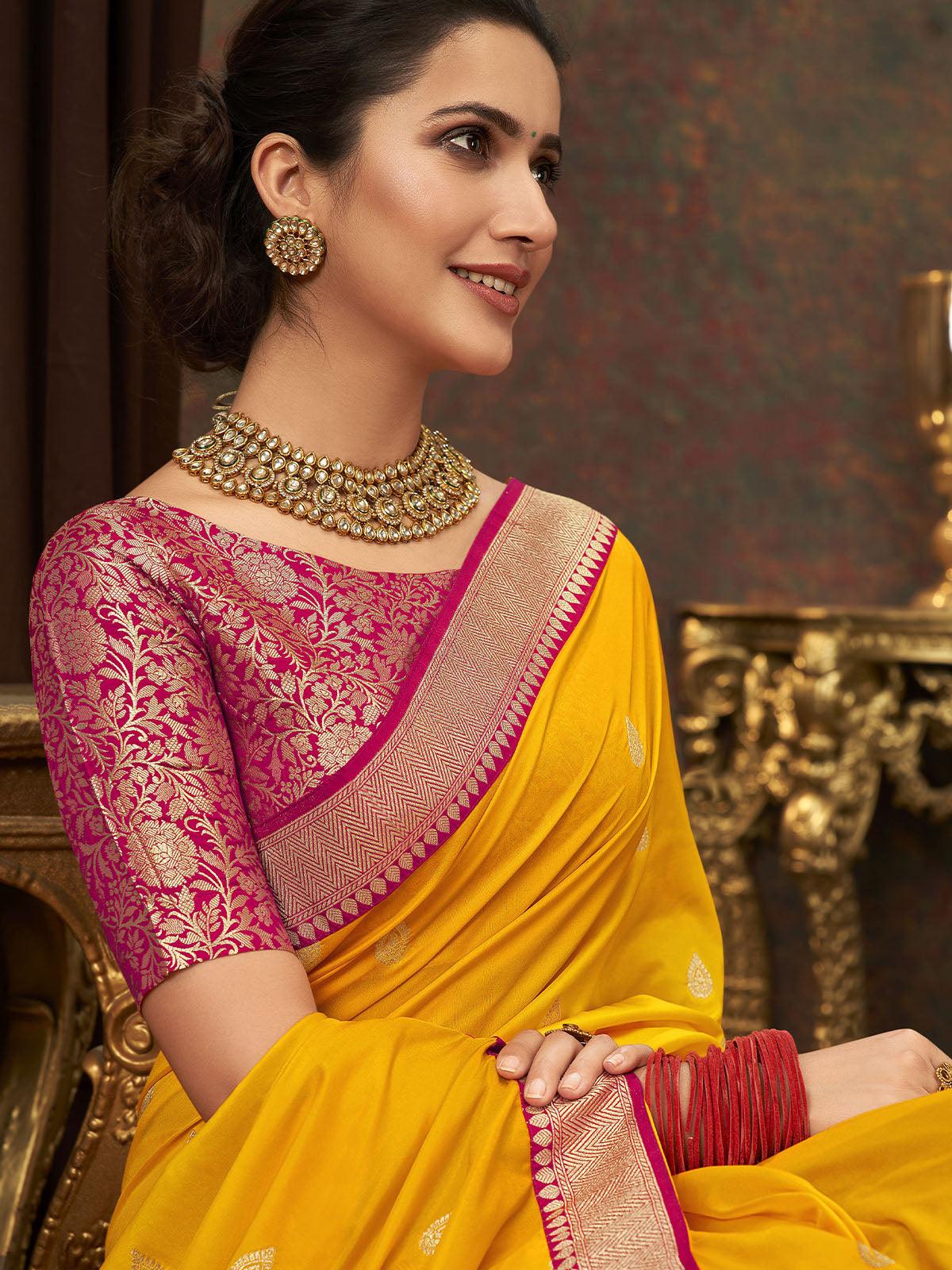 Women's Yellow Designer Banarasi Silk Saree - Odette