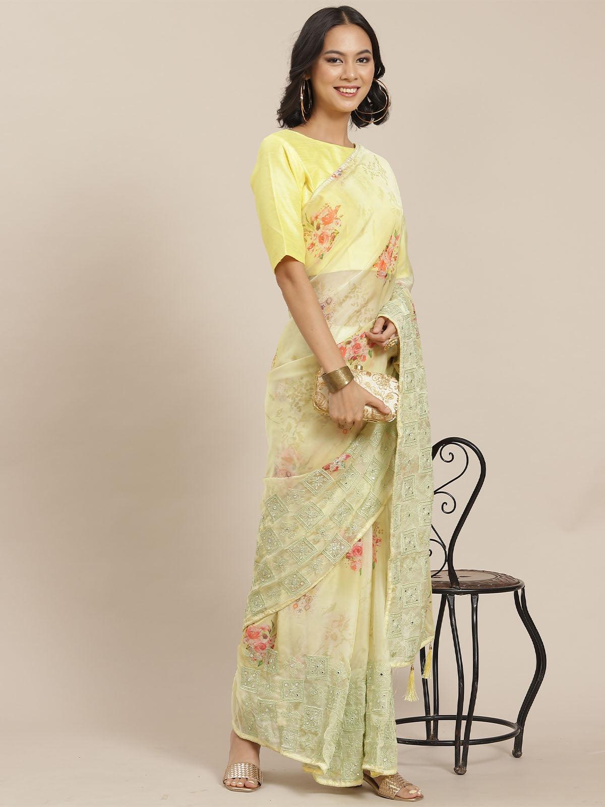 Women's Yellow Designer Silk Blend Embroidered Saree - Odette