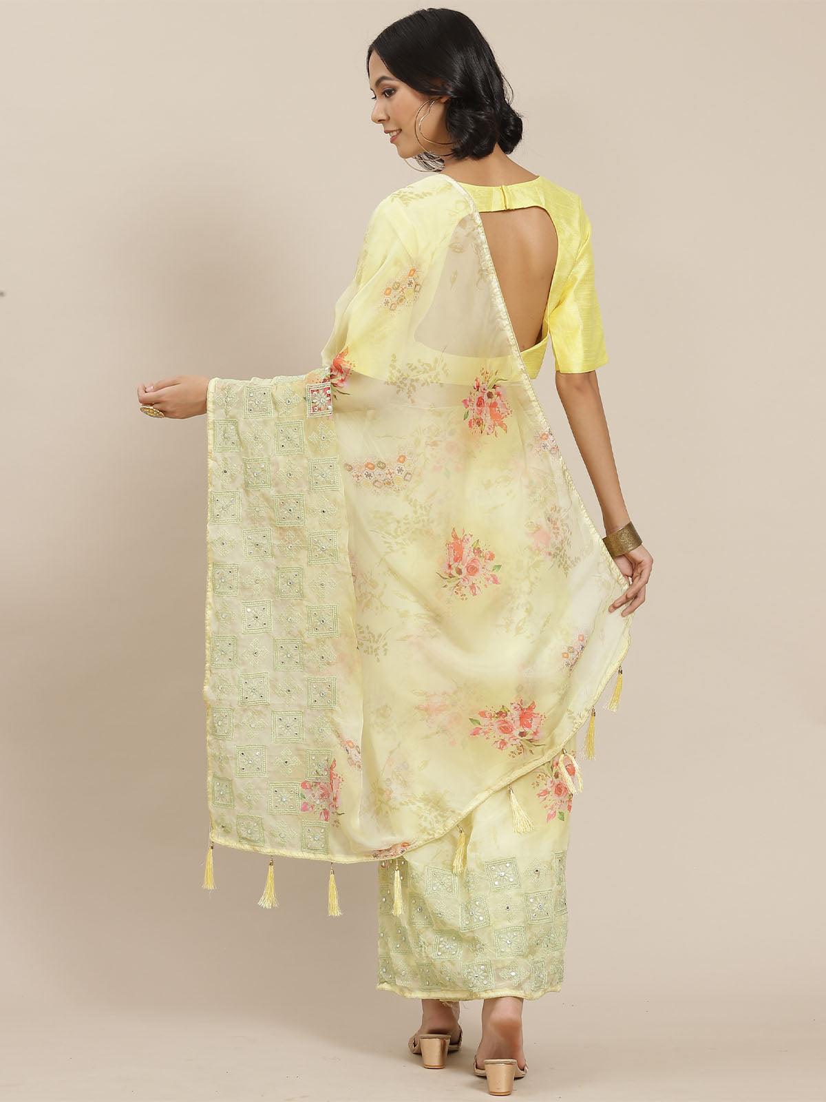 Women's Yellow Designer Silk Blend Embroidered Saree - Odette
