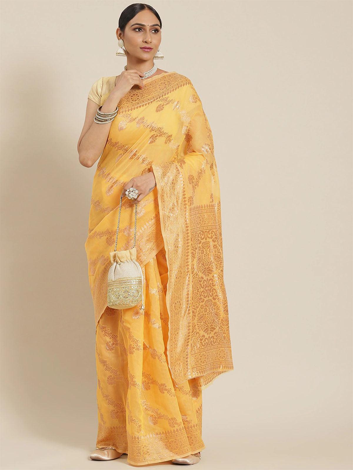 Women's Yellow Elegant Cotton Woven Saree - Odette