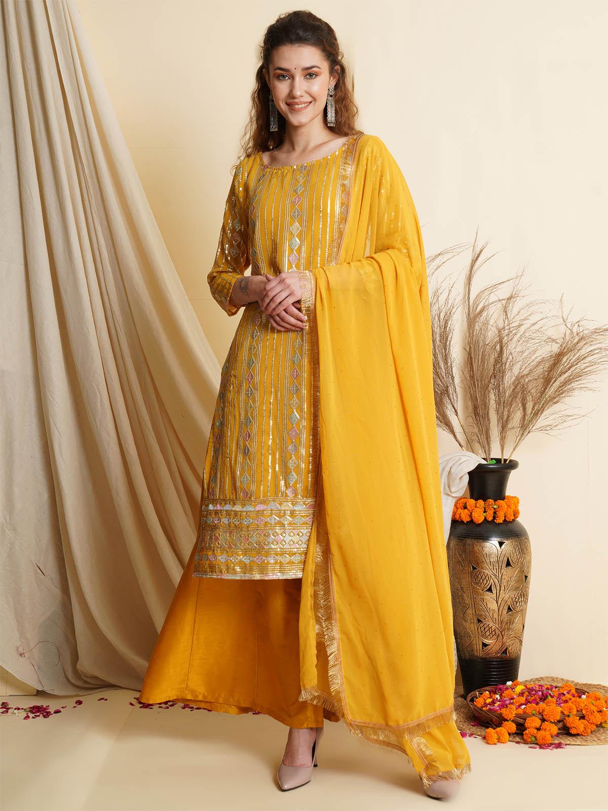 Women's Yellow Embroidered Sharara Kurta Set - Odette