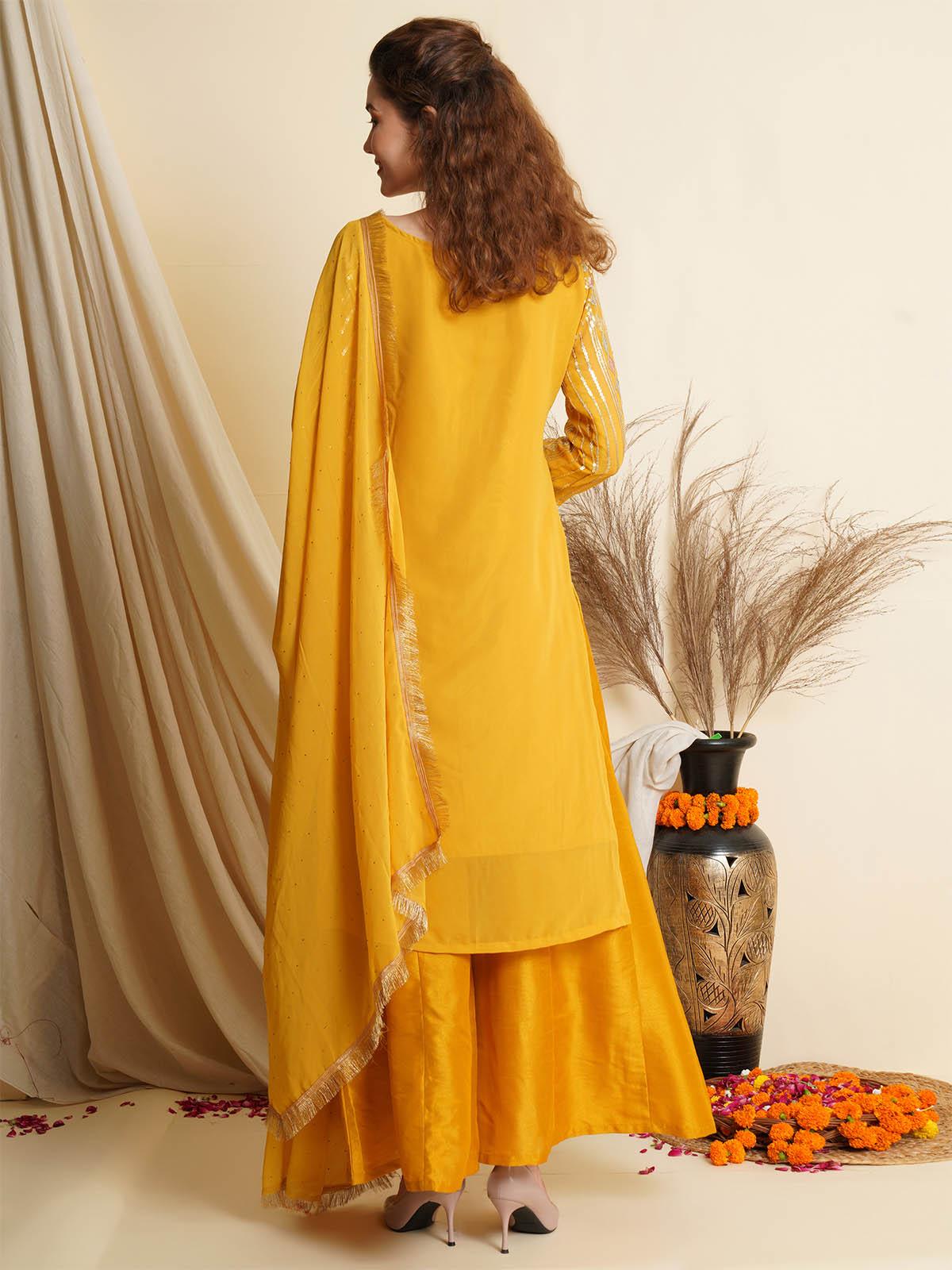 Women's Yellow Embroidered Sharara Kurta Set - Odette
