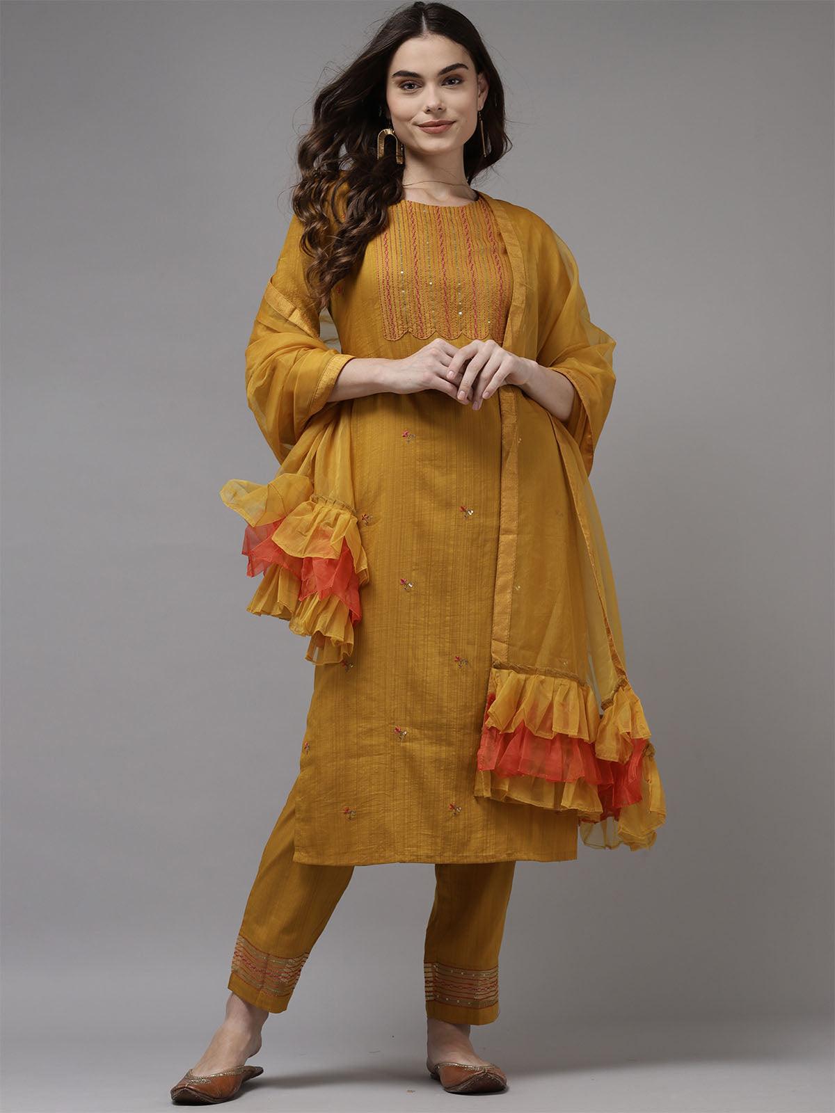 Women's Yellow Embroidered Straight Kurta Trouser With Dupatta Set - Odette