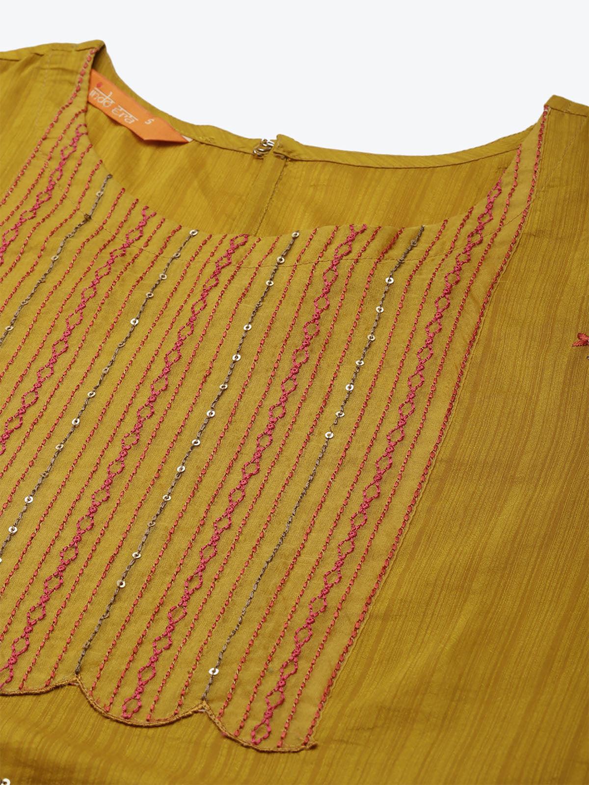 Women's Yellow Embroidered Straight Kurta Trouser With Dupatta Set - Odette