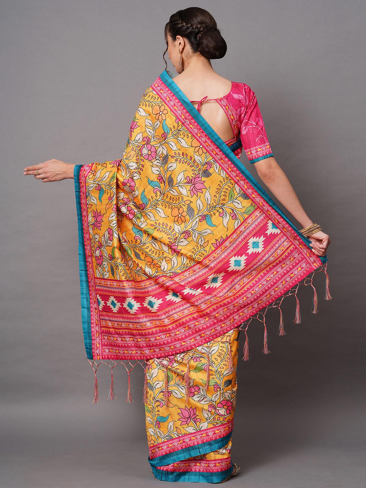 Women's Yellow Festive Bhagalpuri Silk Printed Saree With Unstitched Blouse - Odette