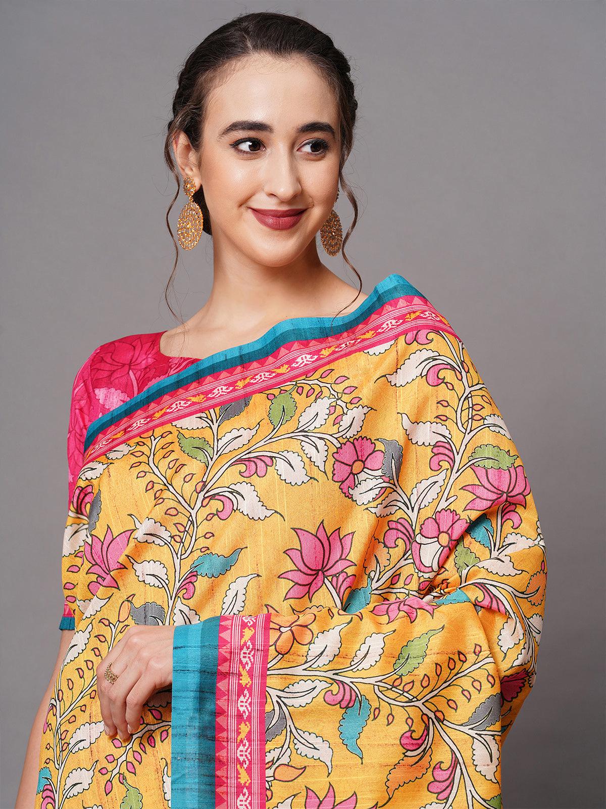 Women's Yellow Festive Bhagalpuri Silk Printed Saree With Unstitched Blouse - Odette