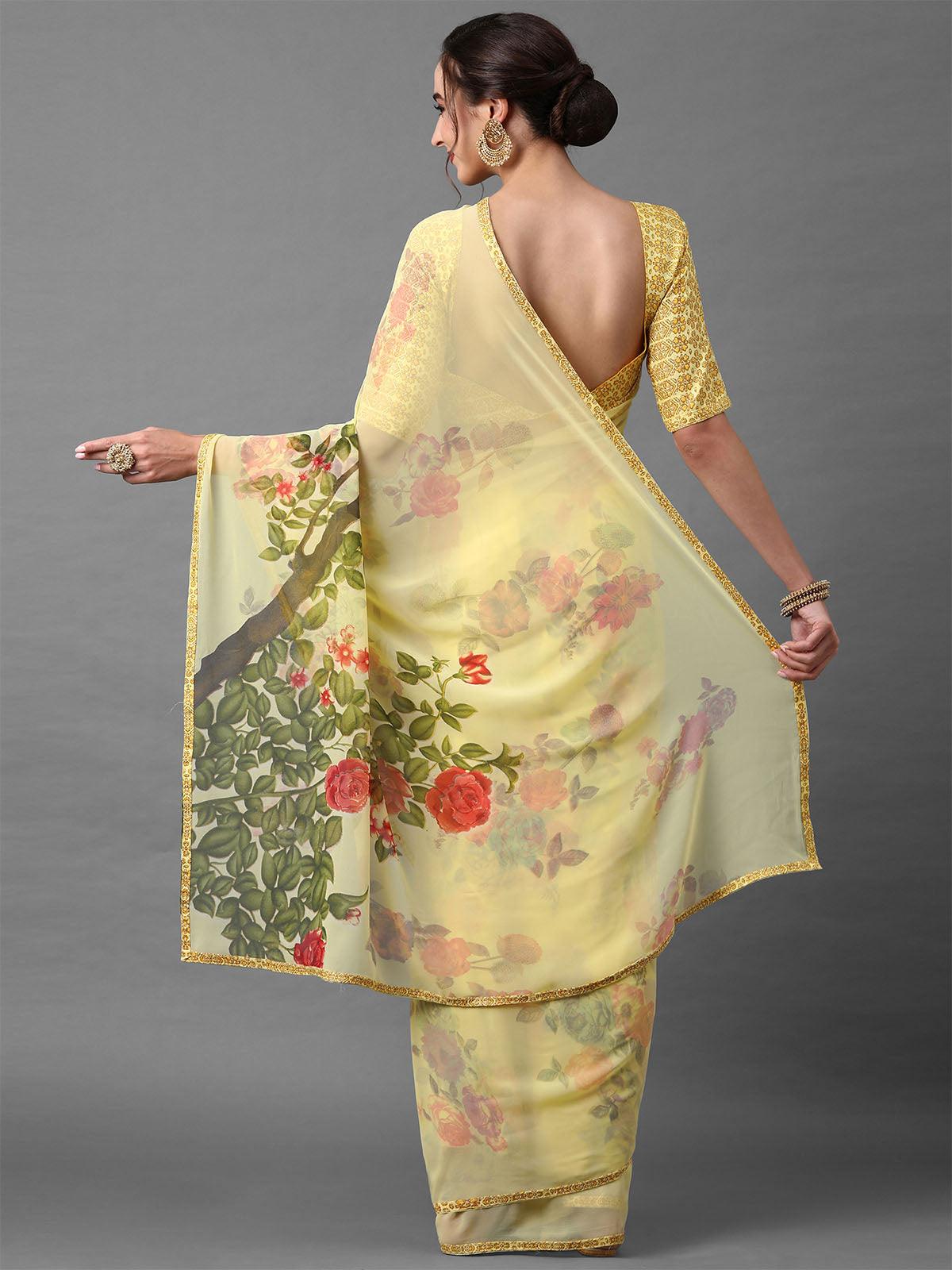 Women's Yellow Festive Georgette Printed Saree With Unstitched Blouse - Odette