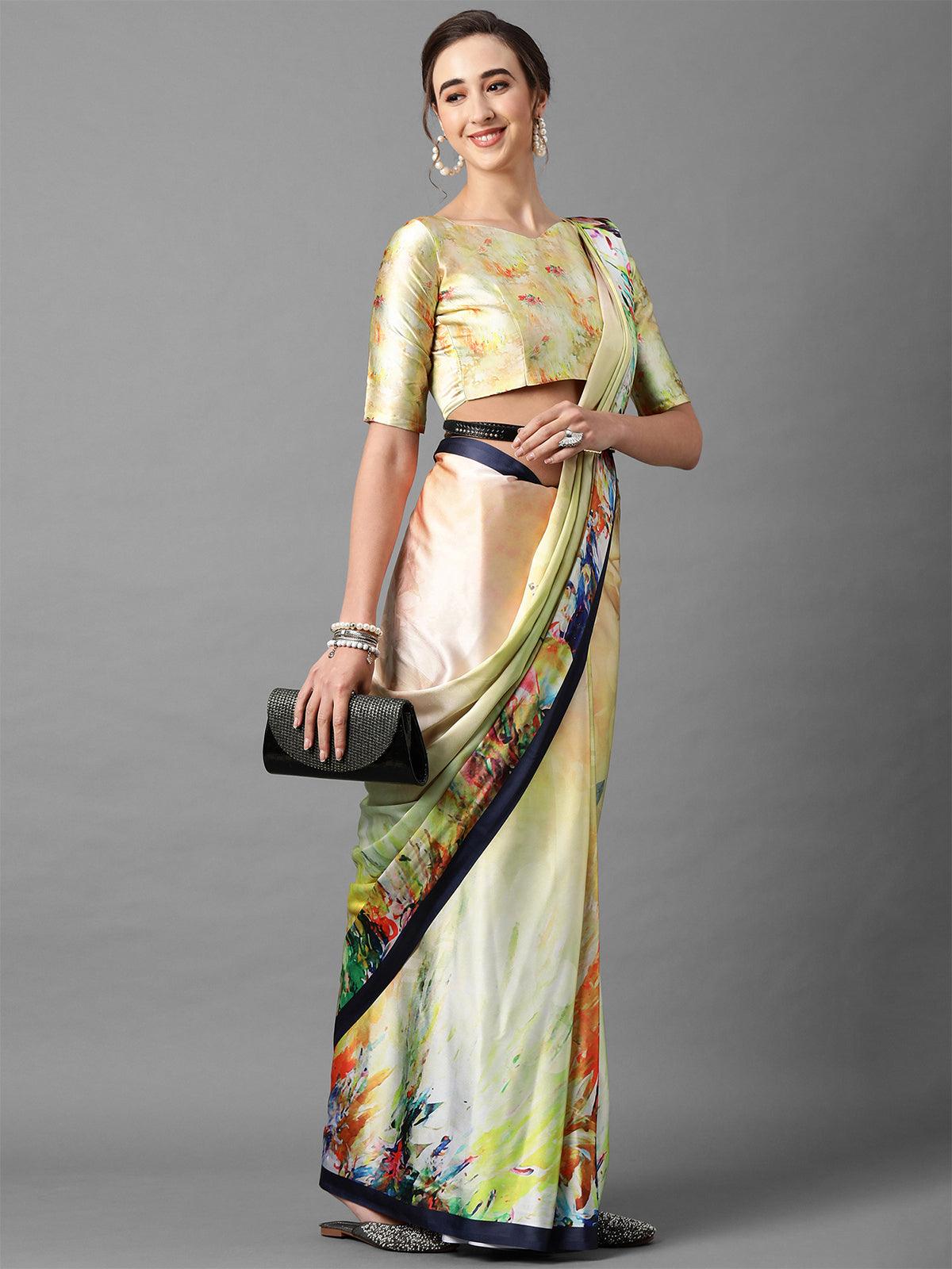 Women's Yellow Festive Satin Silk Printed Saree With Unstitched Blouse - Odette