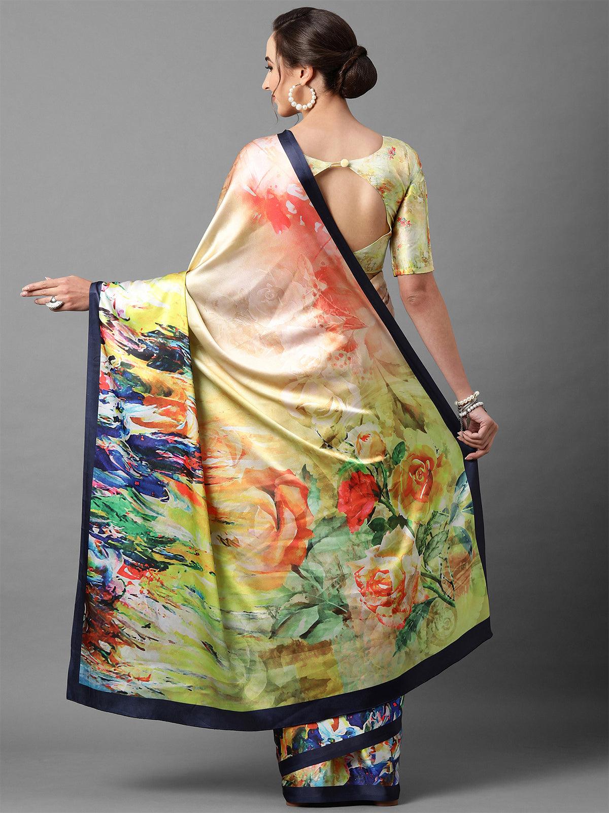 Women's Yellow Festive Satin Silk Printed Saree With Unstitched Blouse - Odette