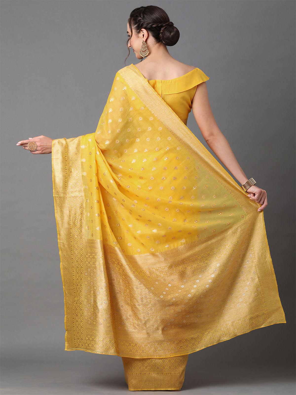 Women's Yellow Festive Silk Blend Woven Design Saree With Unstitched Blouse - Odette
