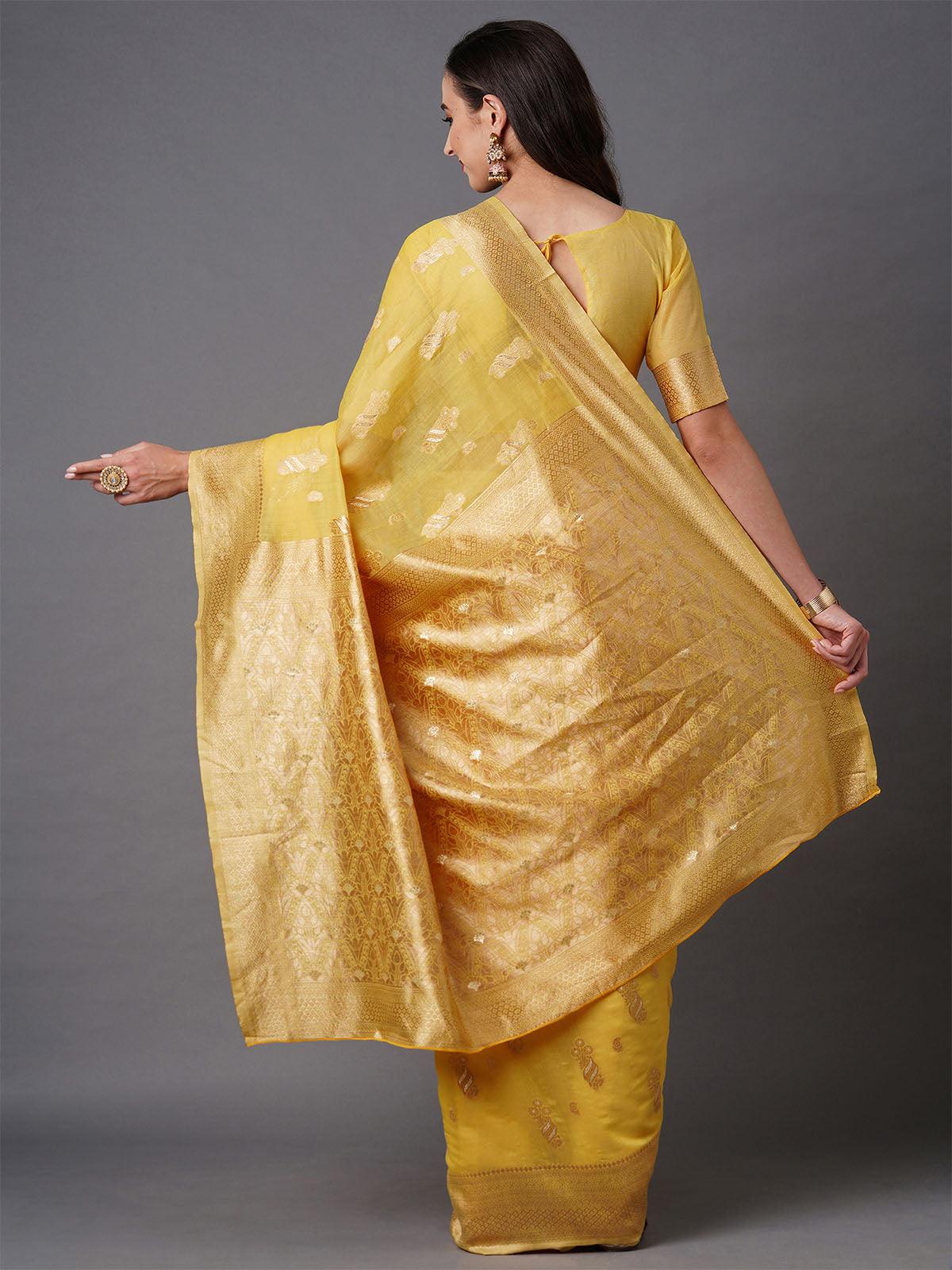 Women's Yellow Festive Silk Blend Woven Design Saree With Unstitched Blouse - Odette
