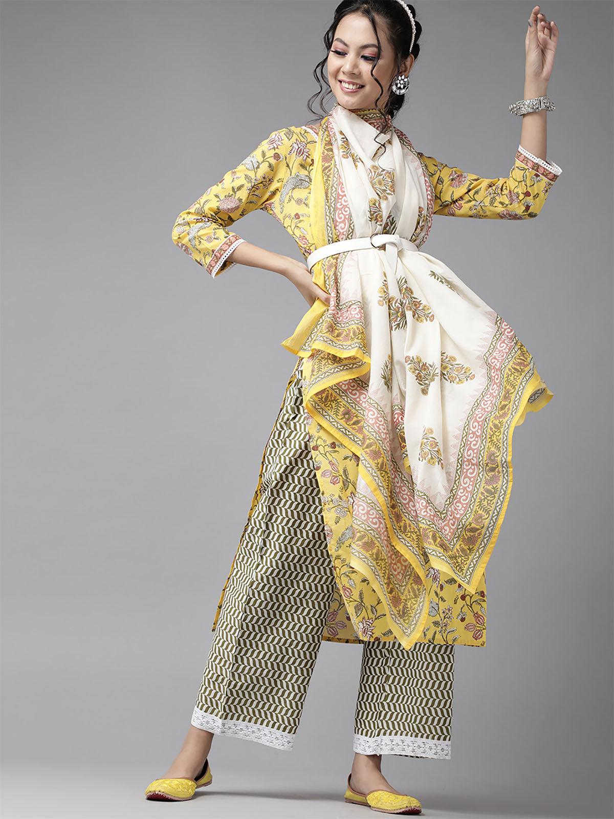 Women's Yellow Floral Printed Straight Kurta Palazzo With Dupatta Sets - Odette