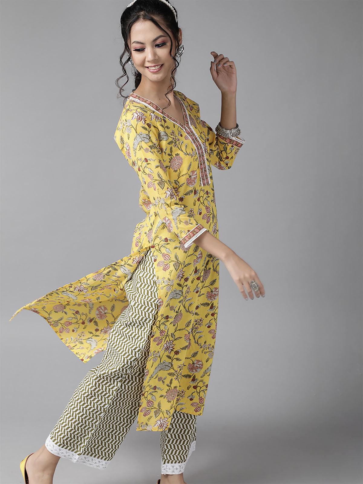 Women's Yellow Floral Printed Straight Kurta Palazzo With Dupatta Sets - Odette