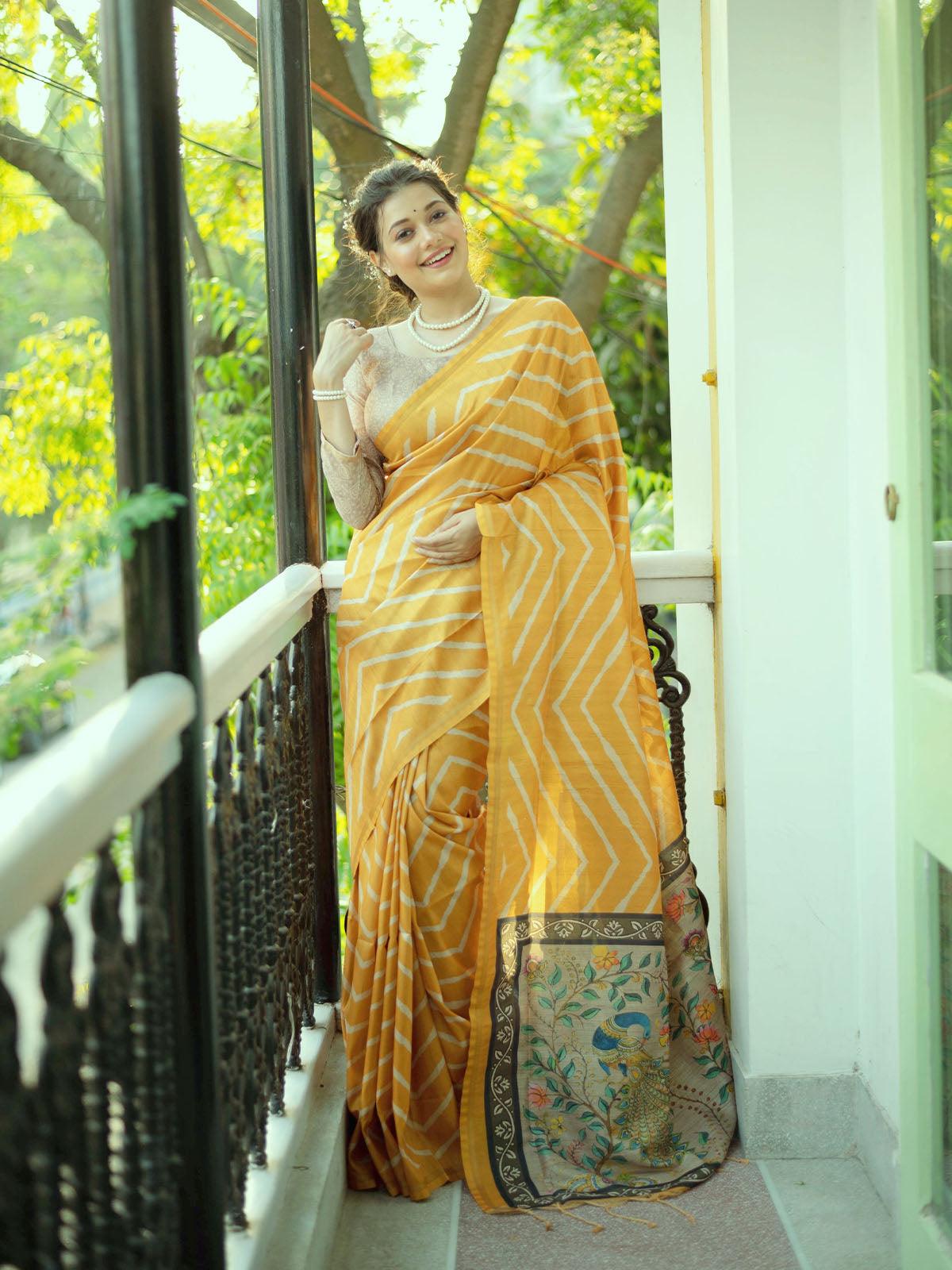 Women's Yellow Gorgeous Tussar Silk Leheriya Saree - Odette
