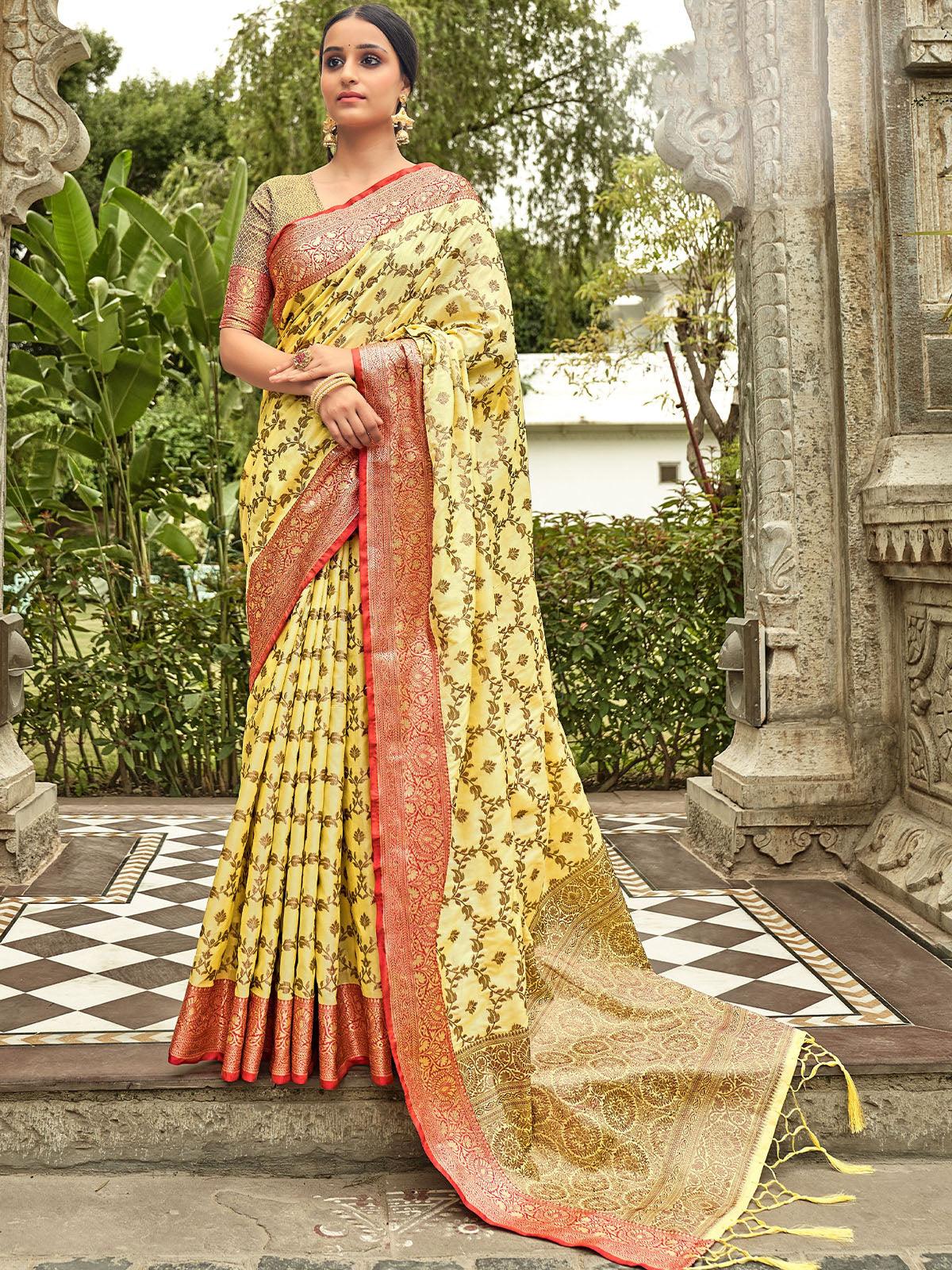 Women's Yellow Heavy Woven Banarasi Silk Saree - Odette