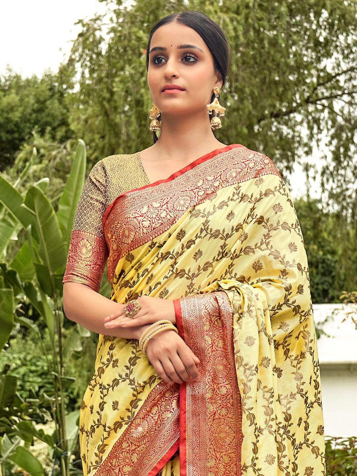 Women's Yellow Heavy Woven Banarasi Silk Saree - Odette