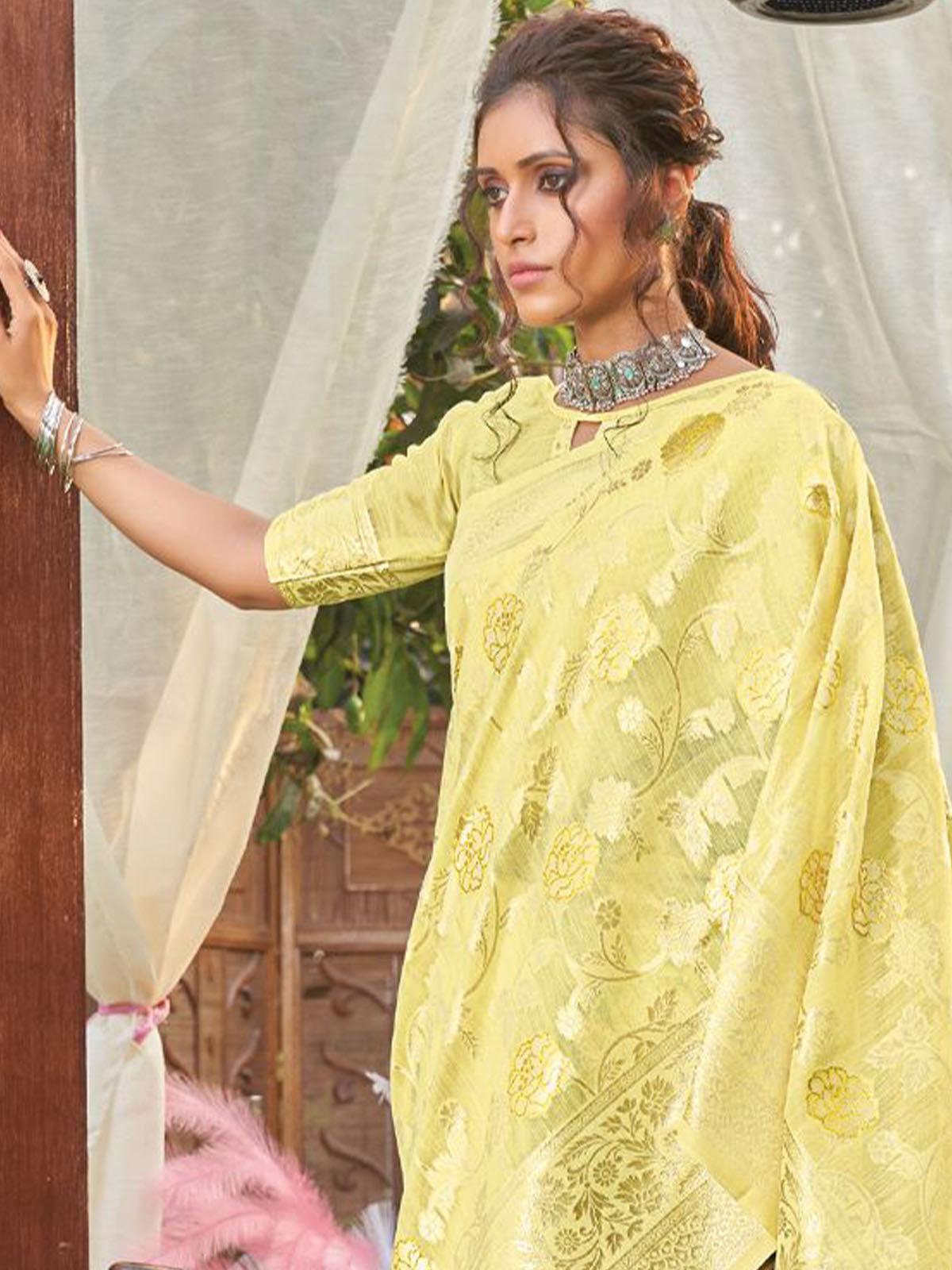 Women's Yellow Heavy Woven Designer Linen Saree - Odette