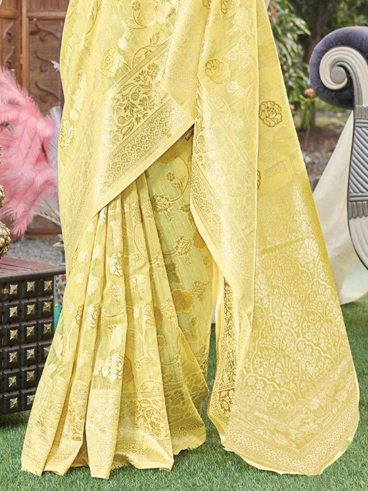Women's Yellow Heavy Woven Designer Linen Saree - Odette
