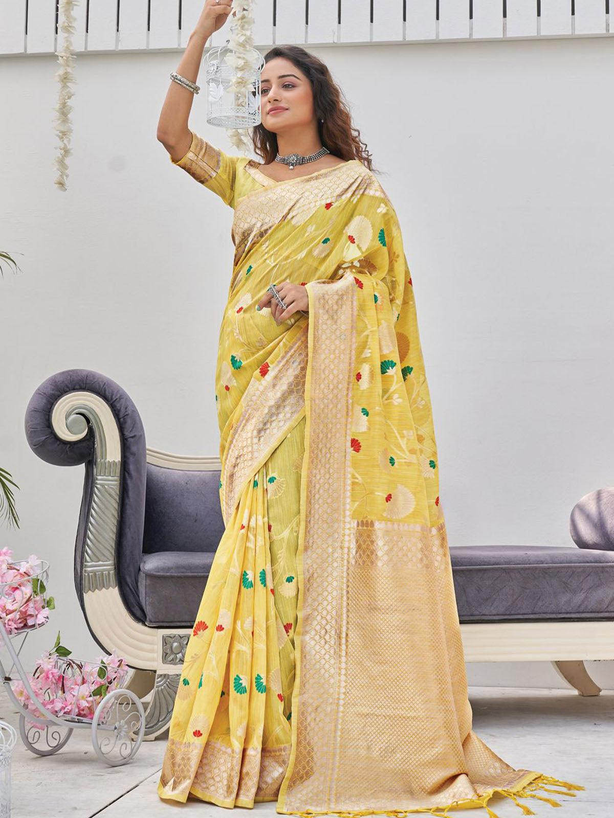 Women's Yellow Heavy Woven Linen Saree - Odette