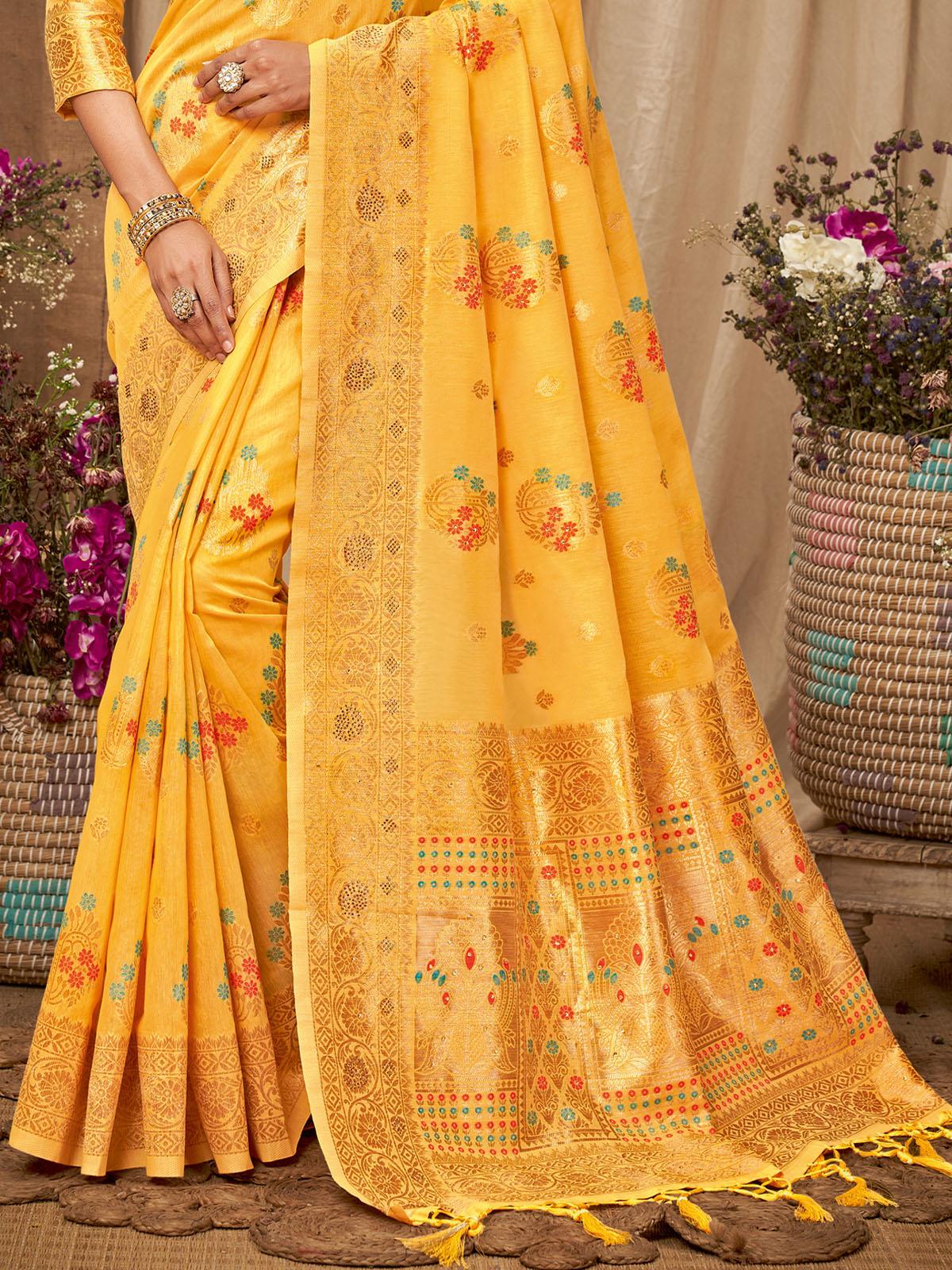 Women's Yellow Heavy Zari Woven Cotton Saree - Odette