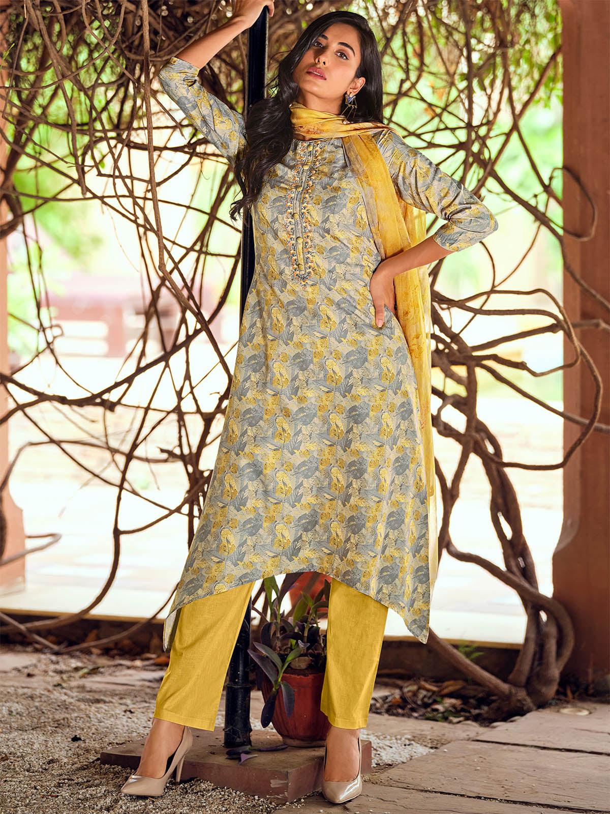 Women's Yellow Muslin Embroidered Dress Material  - Odette