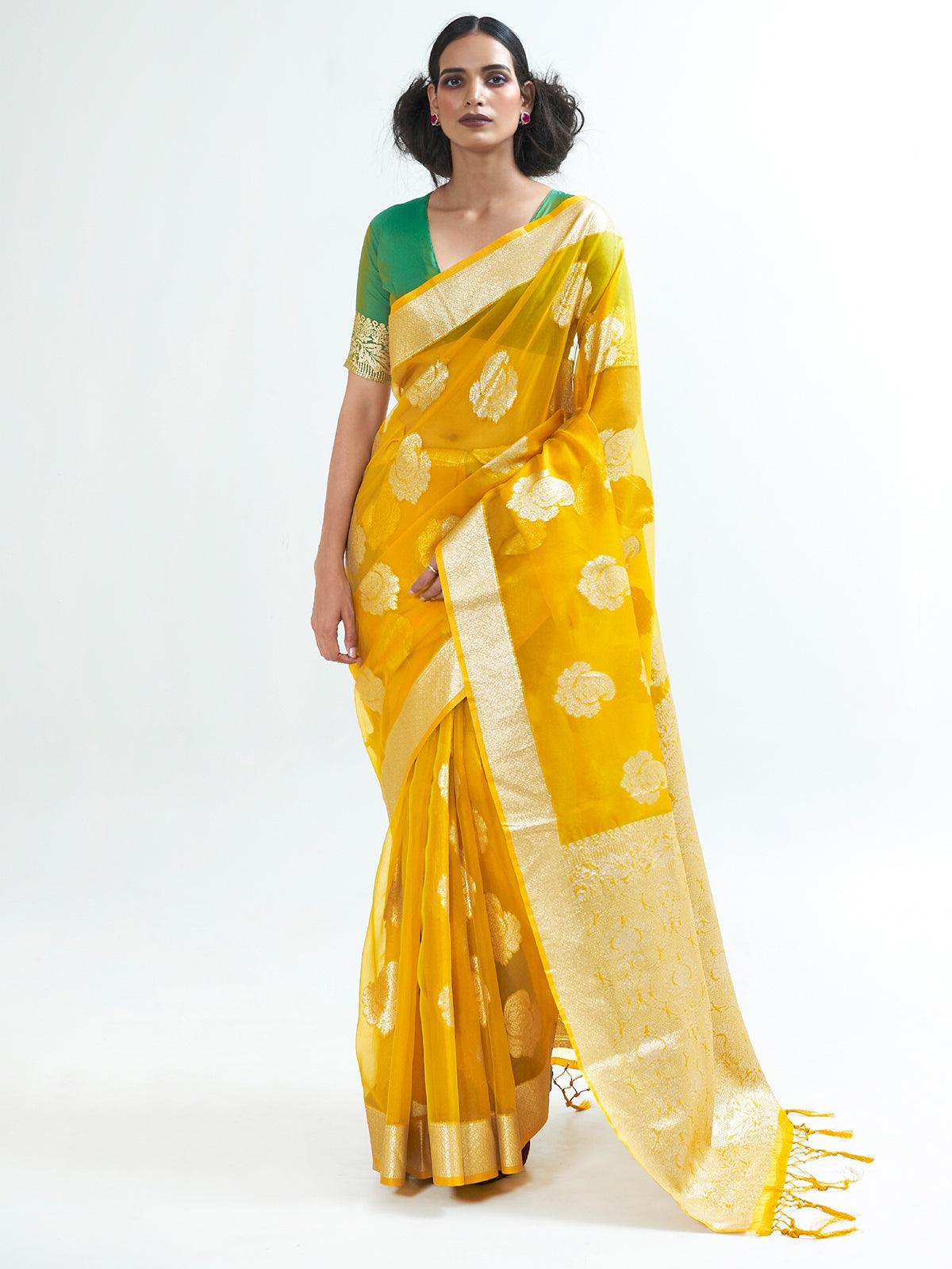 Women's Yellow Party Wear Organza Woven Design Saree With Unstitched Blouse - Odette