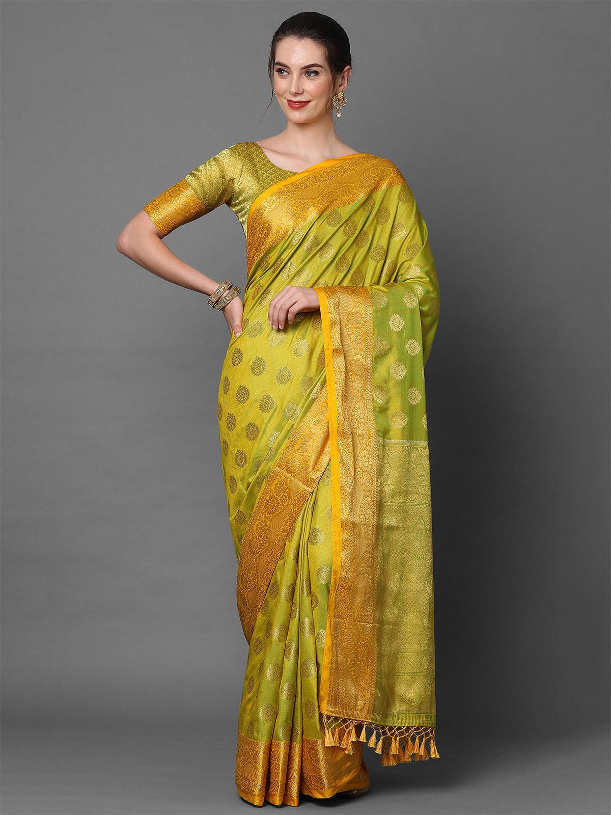 Women's Yellow Party Wear Silk Blend Woven Design Saree With Unstitched Blouse - Odette