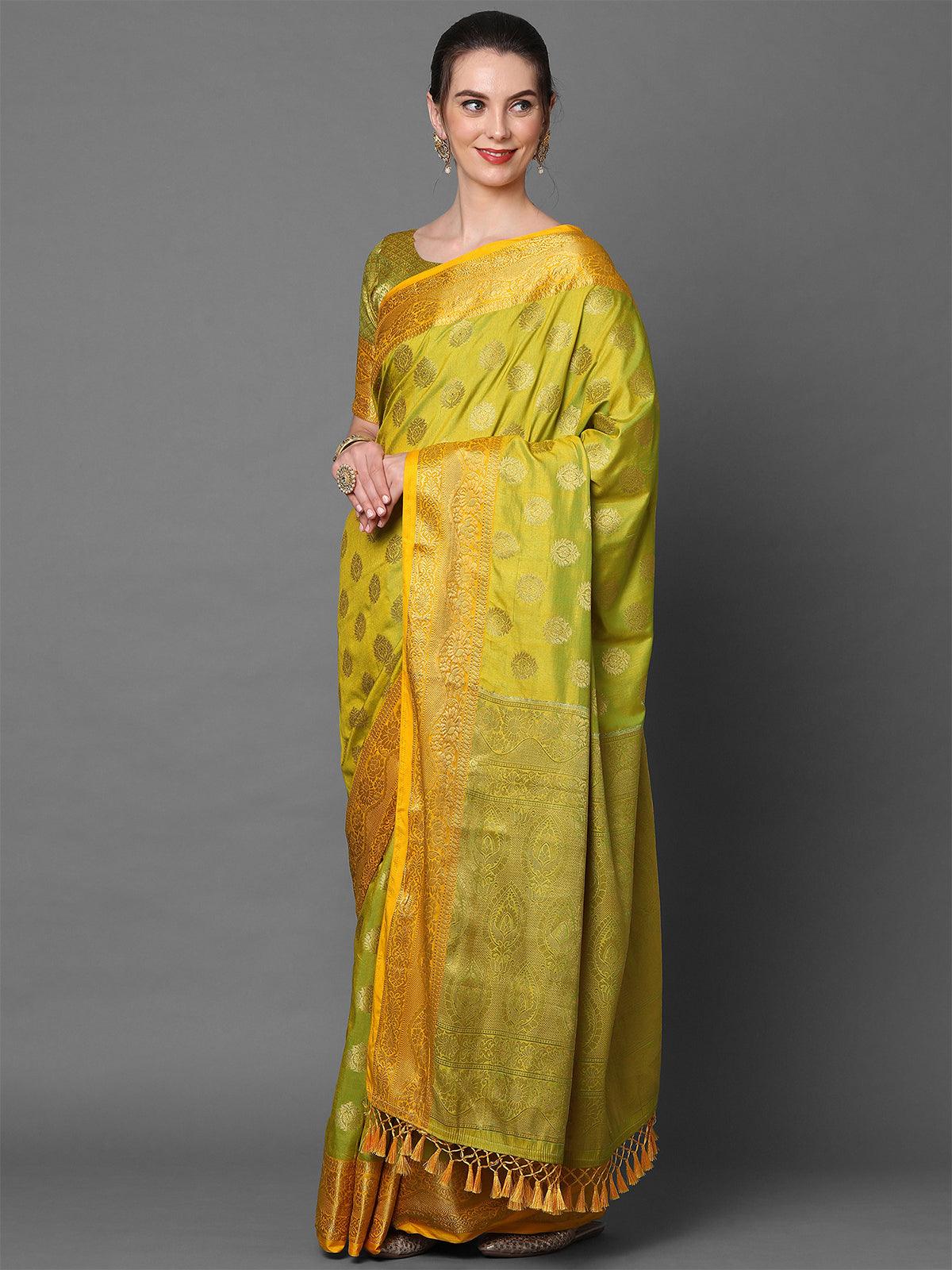 Women's Yellow Party Wear Silk Blend Woven Design Saree With Unstitched Blouse - Odette