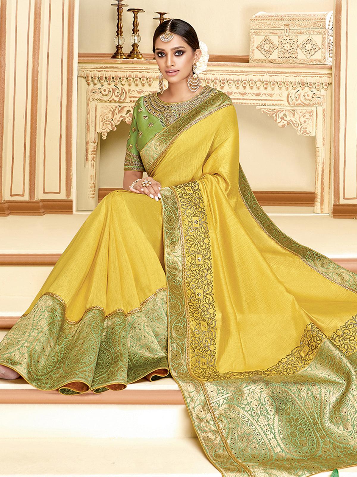 Women's Yellow Satin Silk Designer Saree With Blouse - Odette