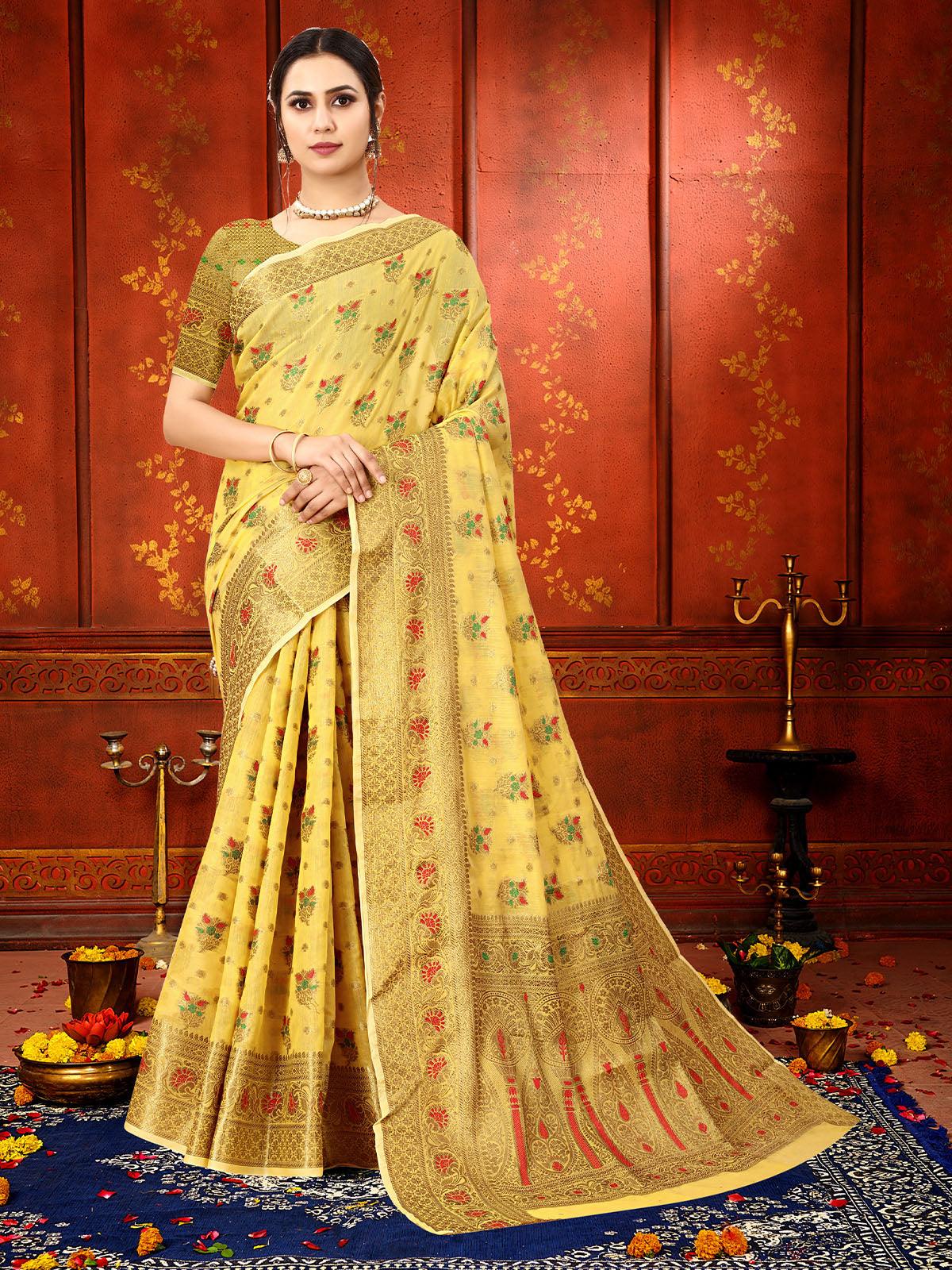 Women's Yellow Soft Cotton Silk Heavy Copper Zari Weave Designer Saree - Odette